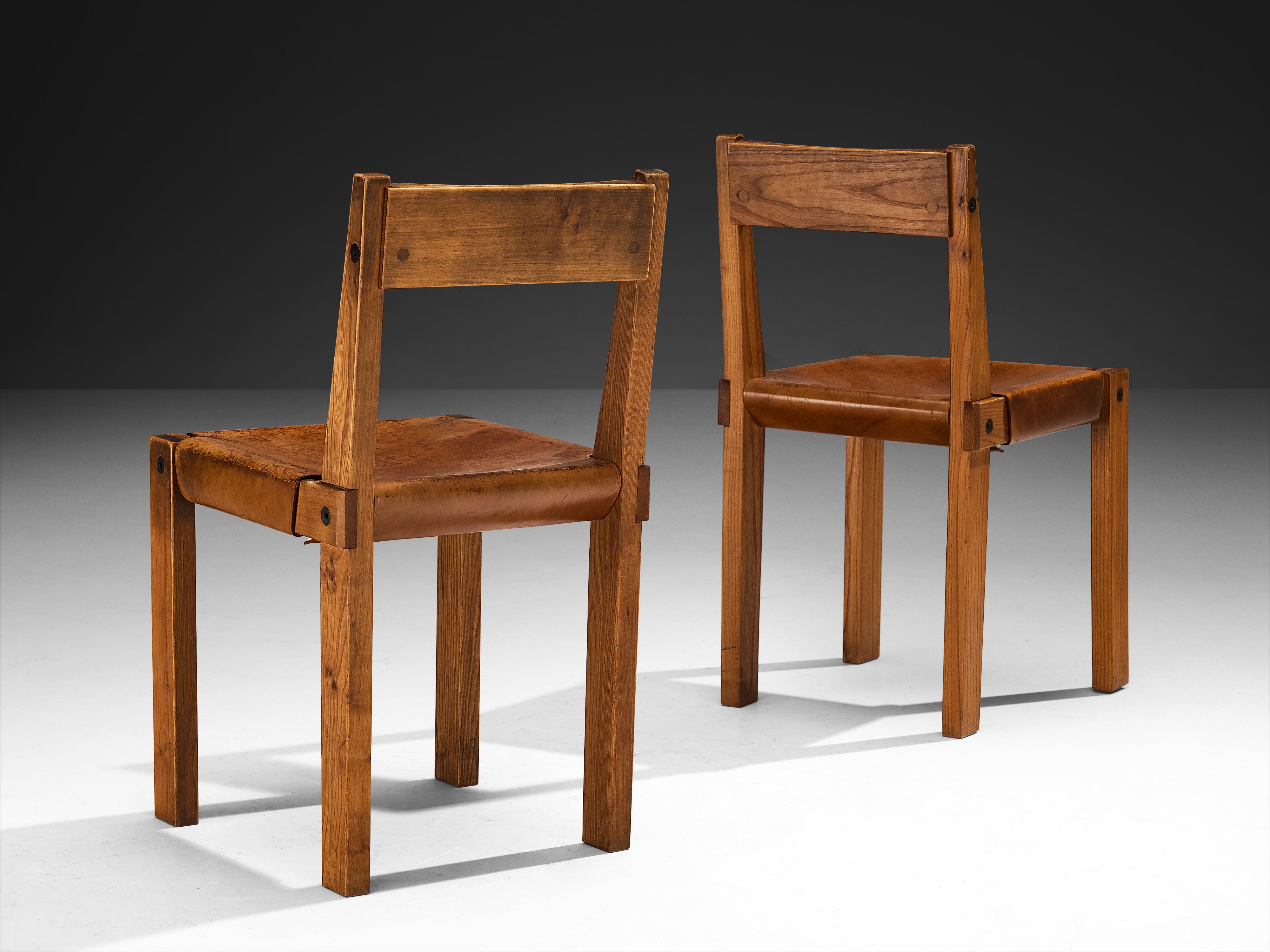 Early Pierre Chapo Set of Eight 'S24' Dining Chairs in Cognac Leather and Elm Seating Morentz