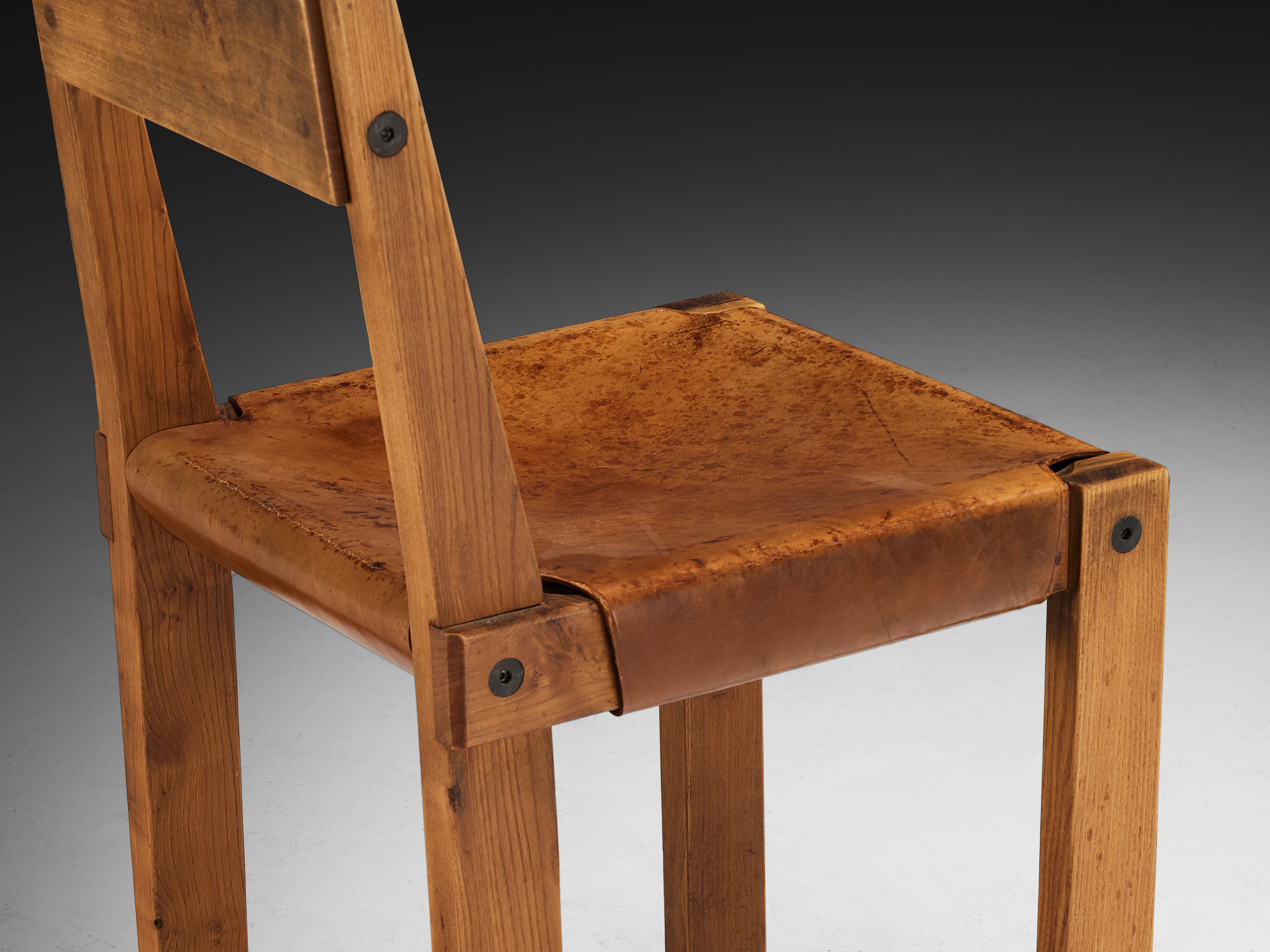 Early Pierre Chapo Set of Eight 'S24' Dining Chairs in Cognac Leather and Elm Seating Morentz