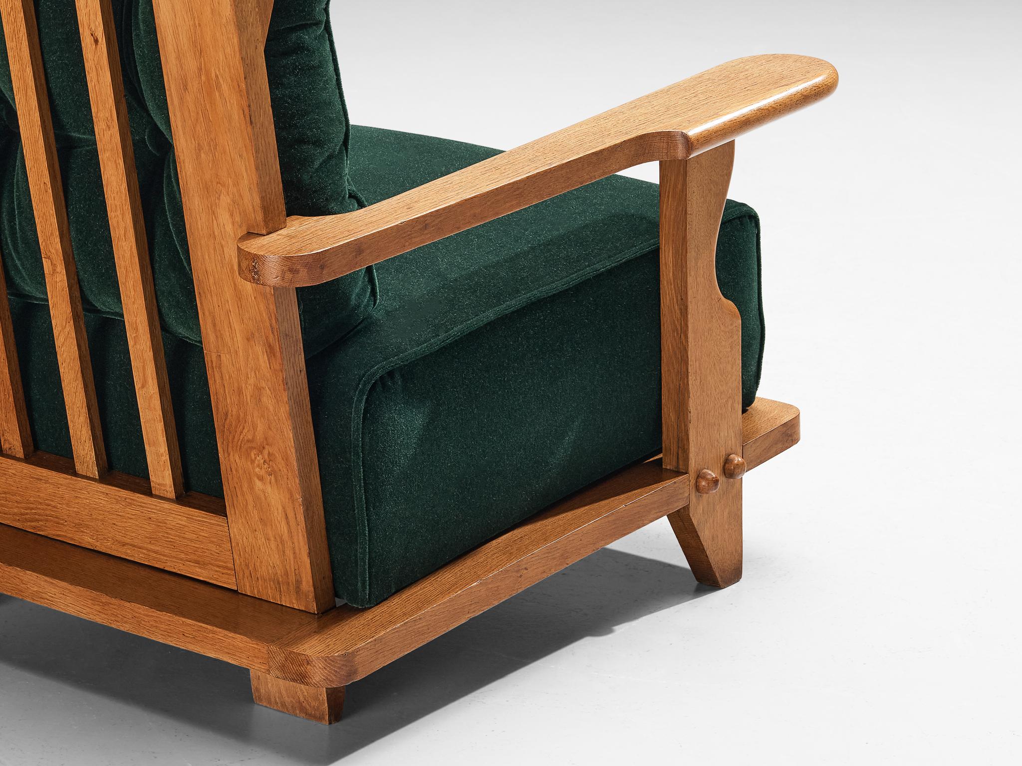 Guillerme & Chambron Lounge Chair in Green Mohair and Oak