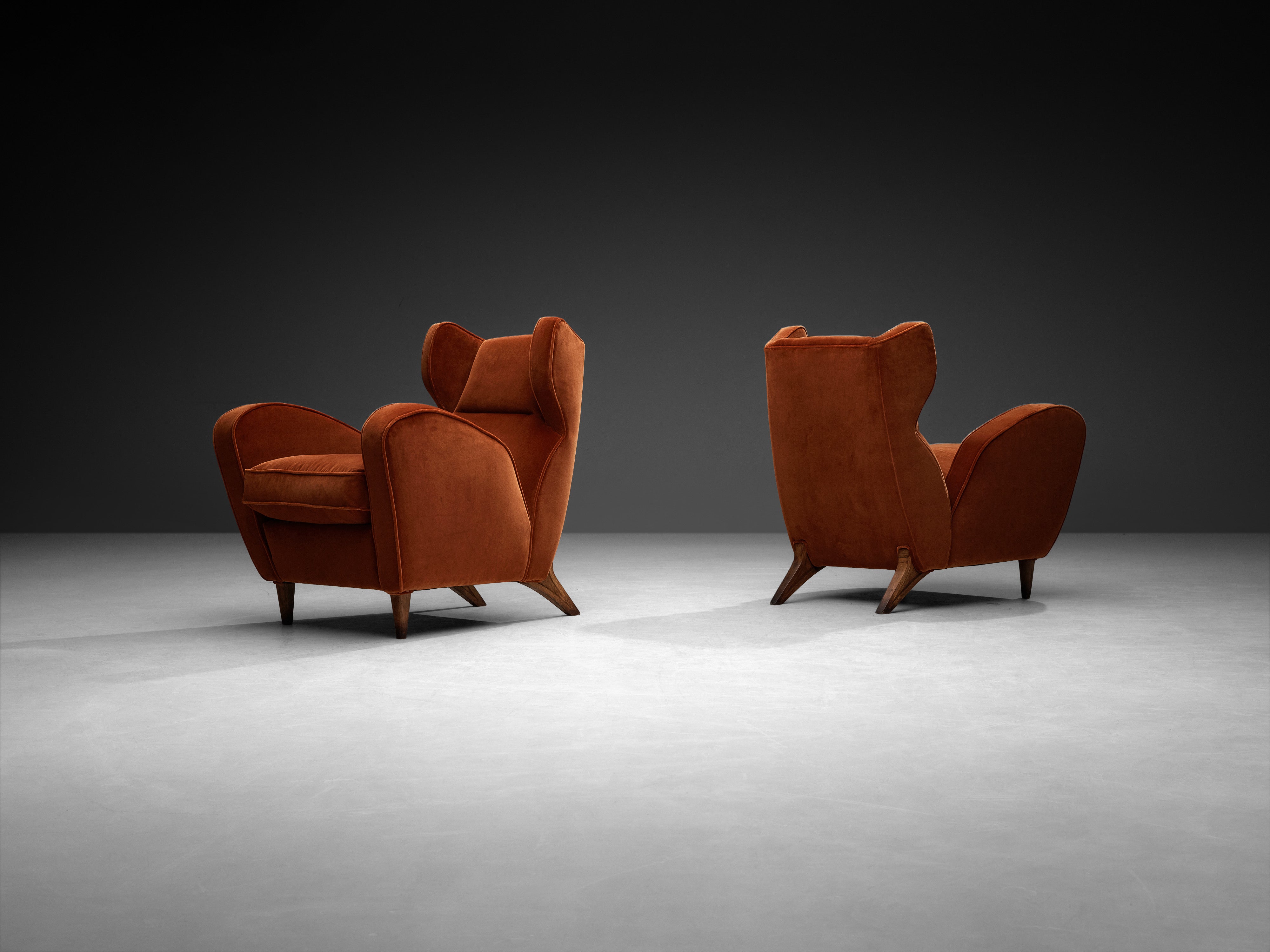 Rare Mario Oreglia Pair of Lounge Chairs in Burnt Orange Velvet and Oak