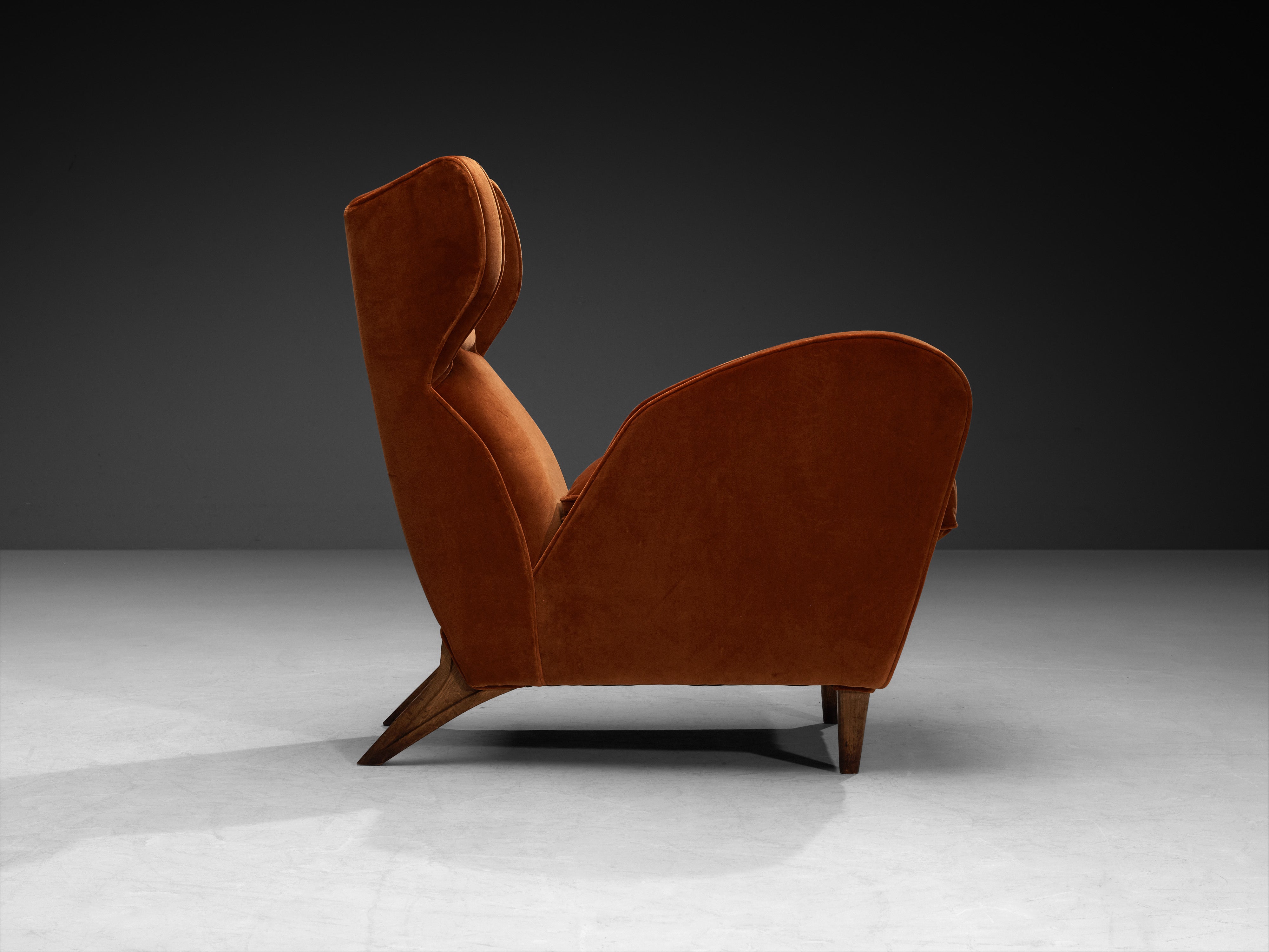 Rare Mario Oreglia Pair of Lounge Chairs in Burnt Orange Velvet and Oak