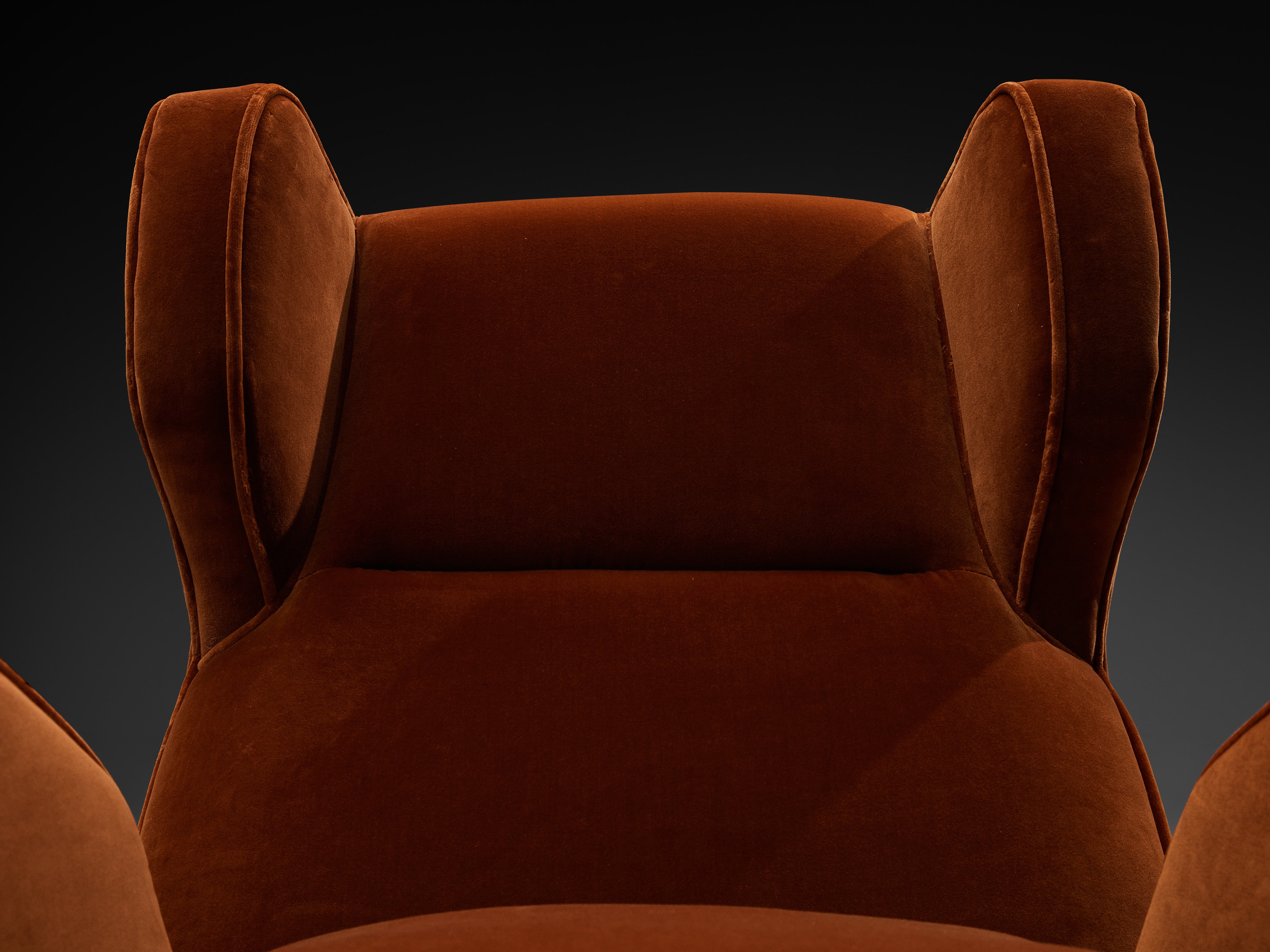 Rare Mario Oreglia Pair of Lounge Chairs in Burnt Orange Velvet and Oak Seating Morentz