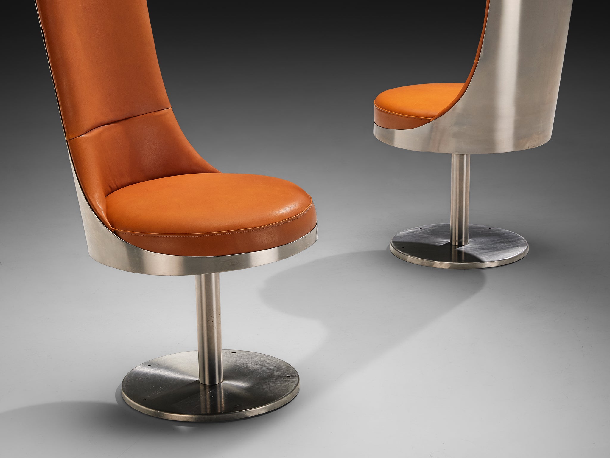 Maria Pergay Swivel Chairs in Stainless Steel and Cognac Leather Seating Morentz