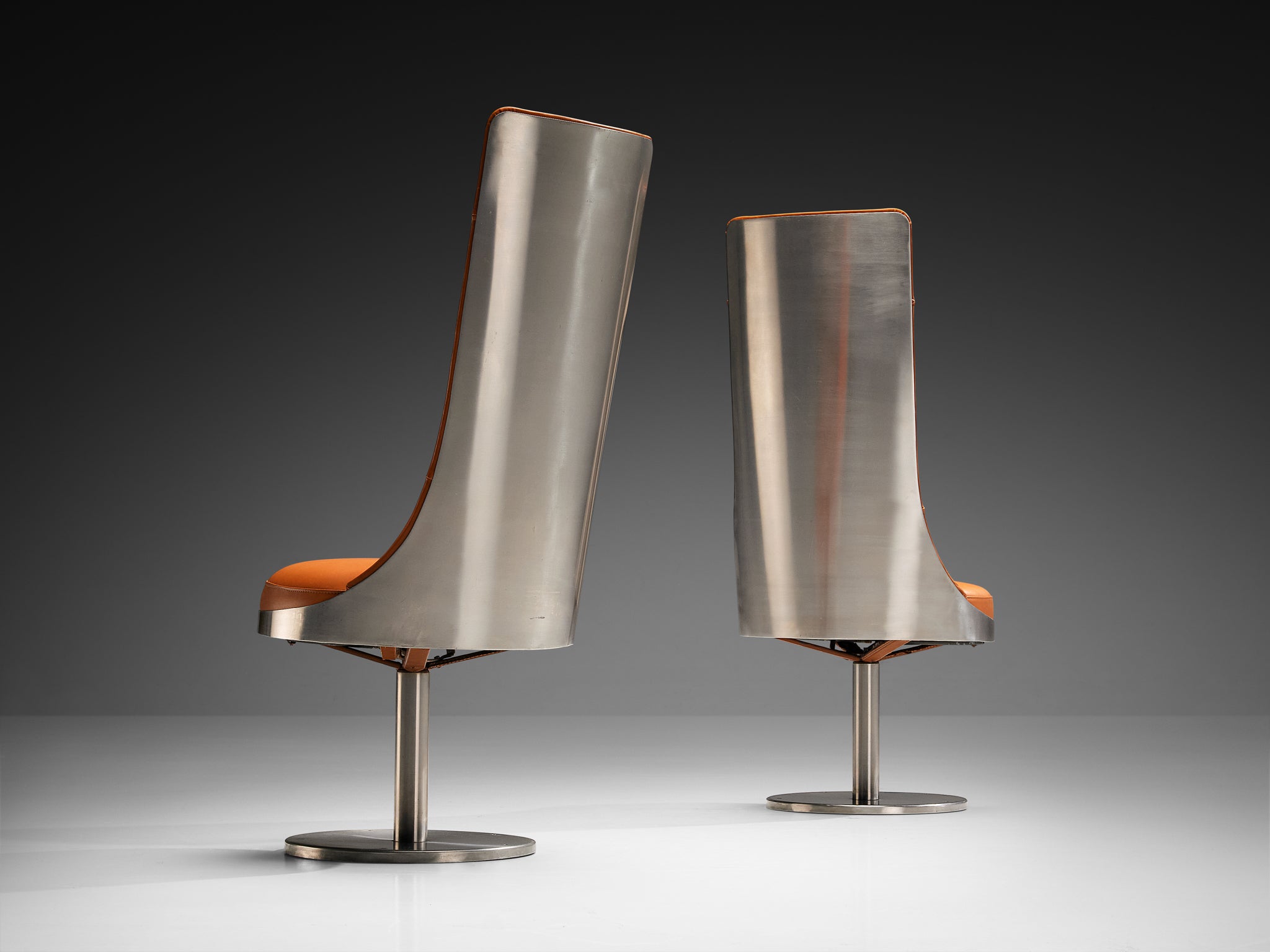 Maria Pergay Swivel Chairs in Stainless Steel and Cognac Leather Seating Morentz