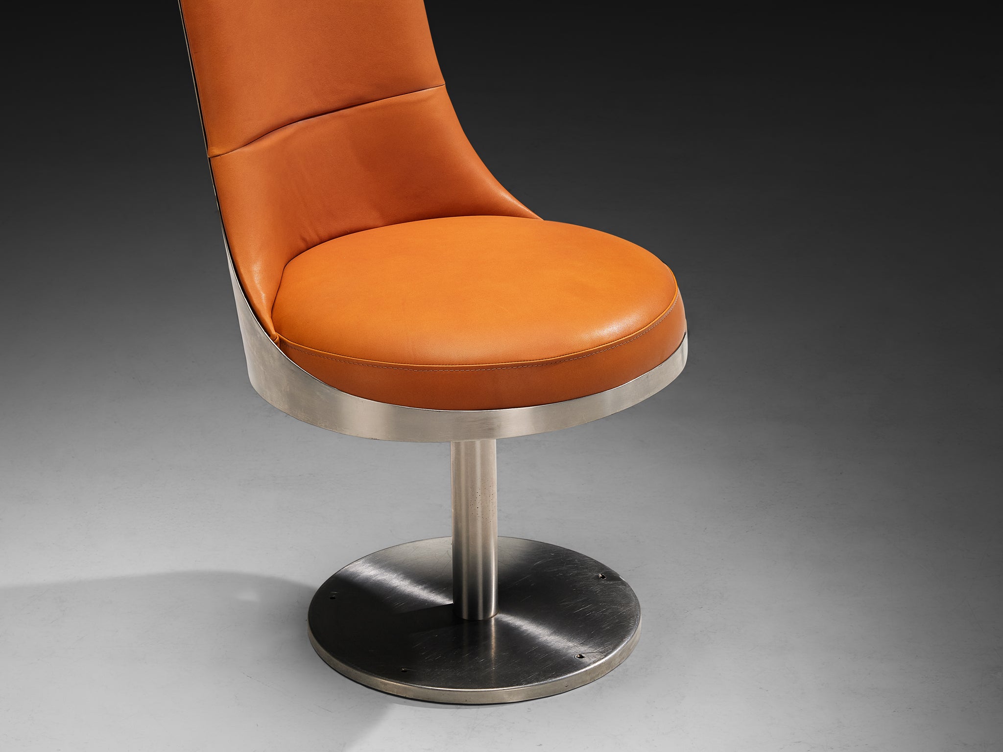 Maria Pergay Swivel Chairs in Stainless Steel and Cognac Leather Seating Morentz