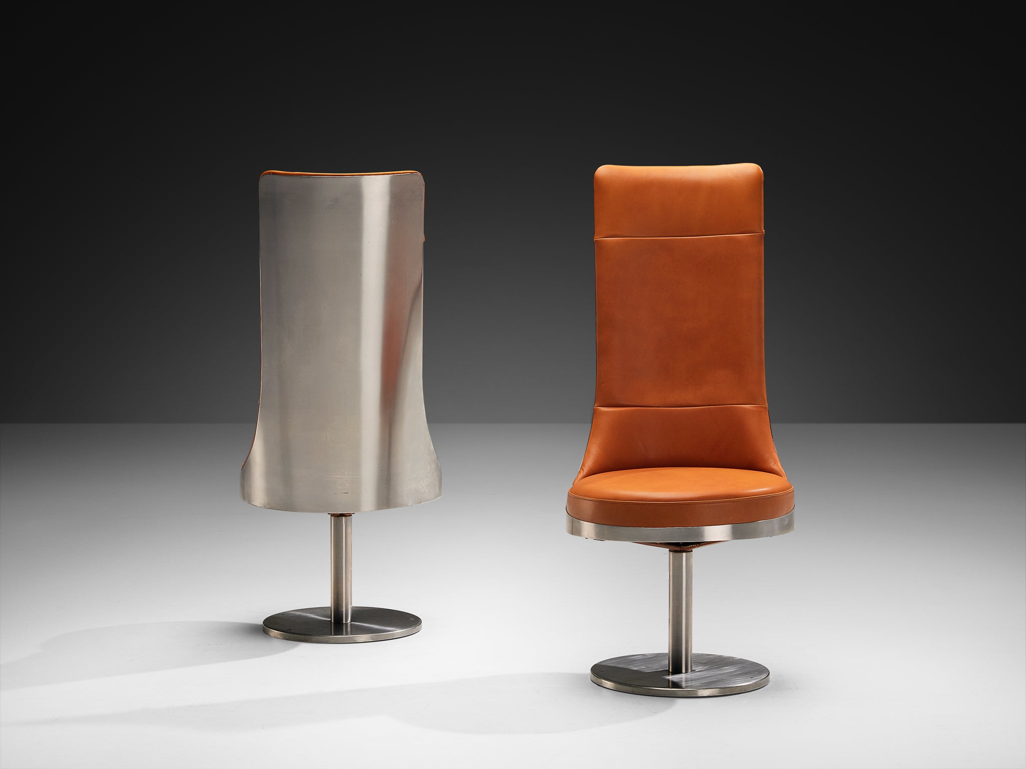 Maria Pergay Swivel Chairs in Stainless Steel and Cognac Leather Seating Morentz