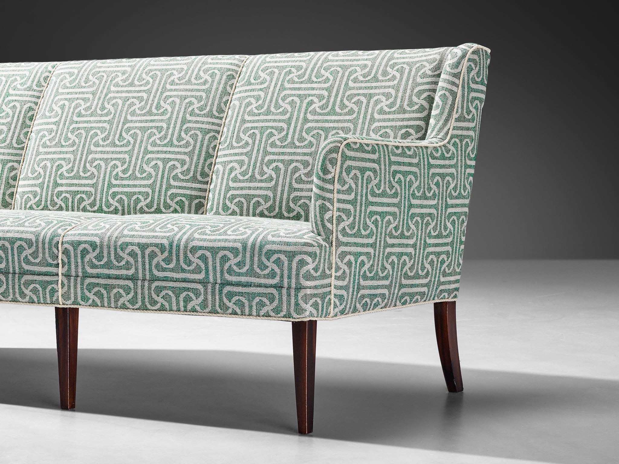 Elegant Danish Modern 1950s Sofa in Light Green Patterned Upholstery Seating Morentz