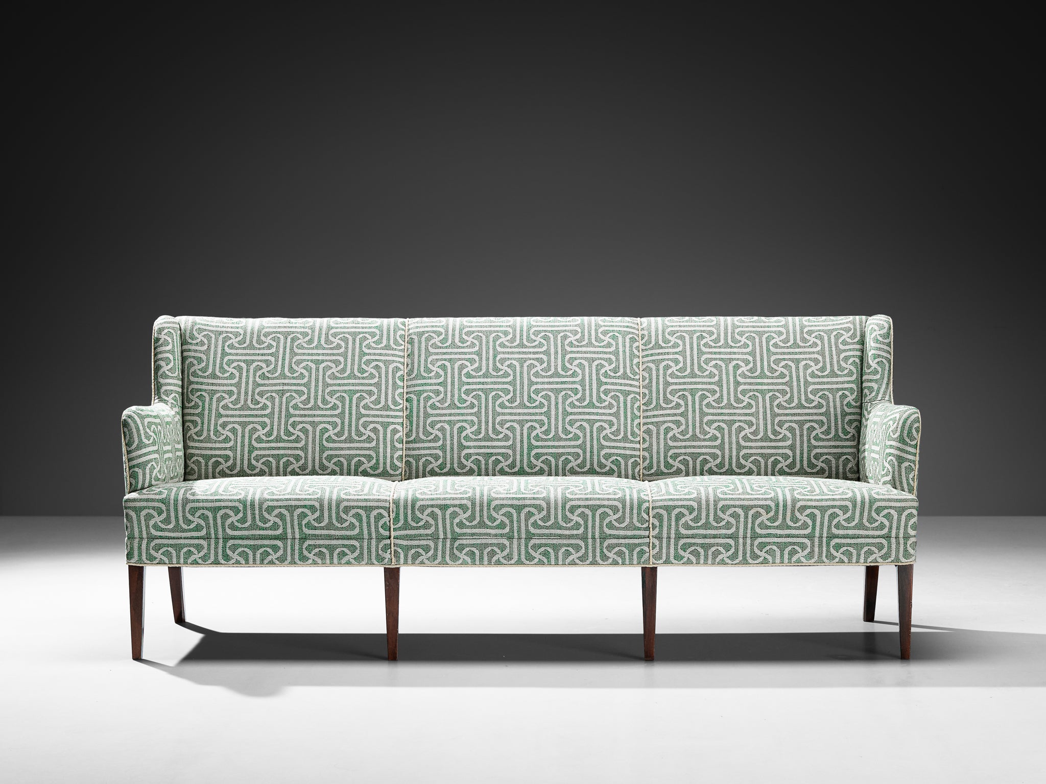 Elegant Danish Modern 1950s Sofa in Light Green Patterned Upholstery Seating Morentz