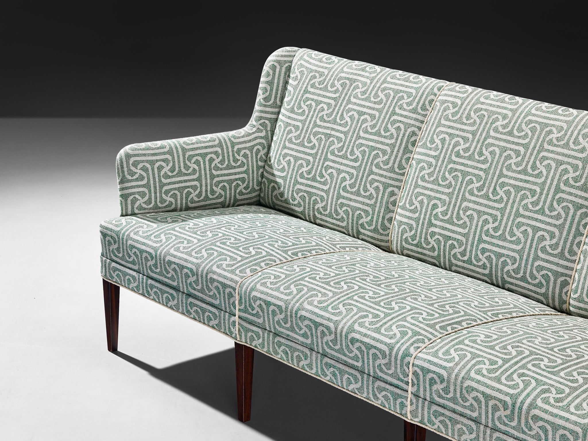Elegant Danish Modern 1950s Sofa in Light Green Patterned Upholstery Seating Morentz