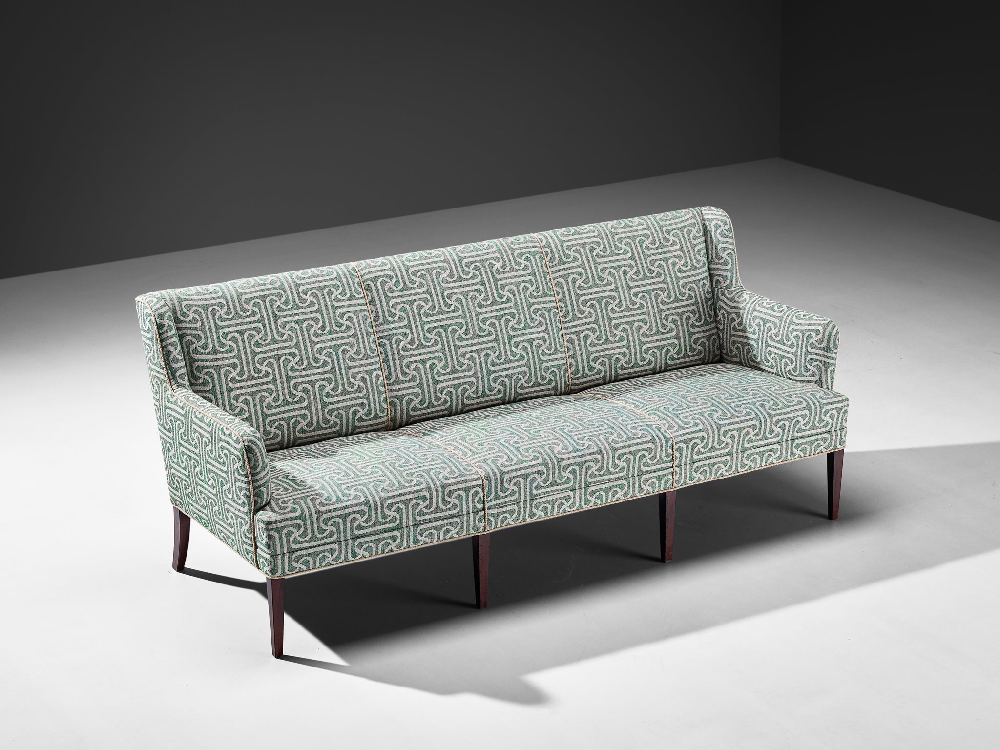 Elegant Danish Modern 1950s Sofa in Light Green Patterned Upholstery Seating Morentz