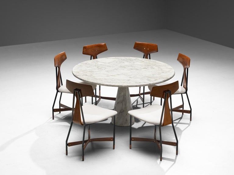 Angelo Mangiarotti Dining Table in Marble with Set of Six Chairs in Teak