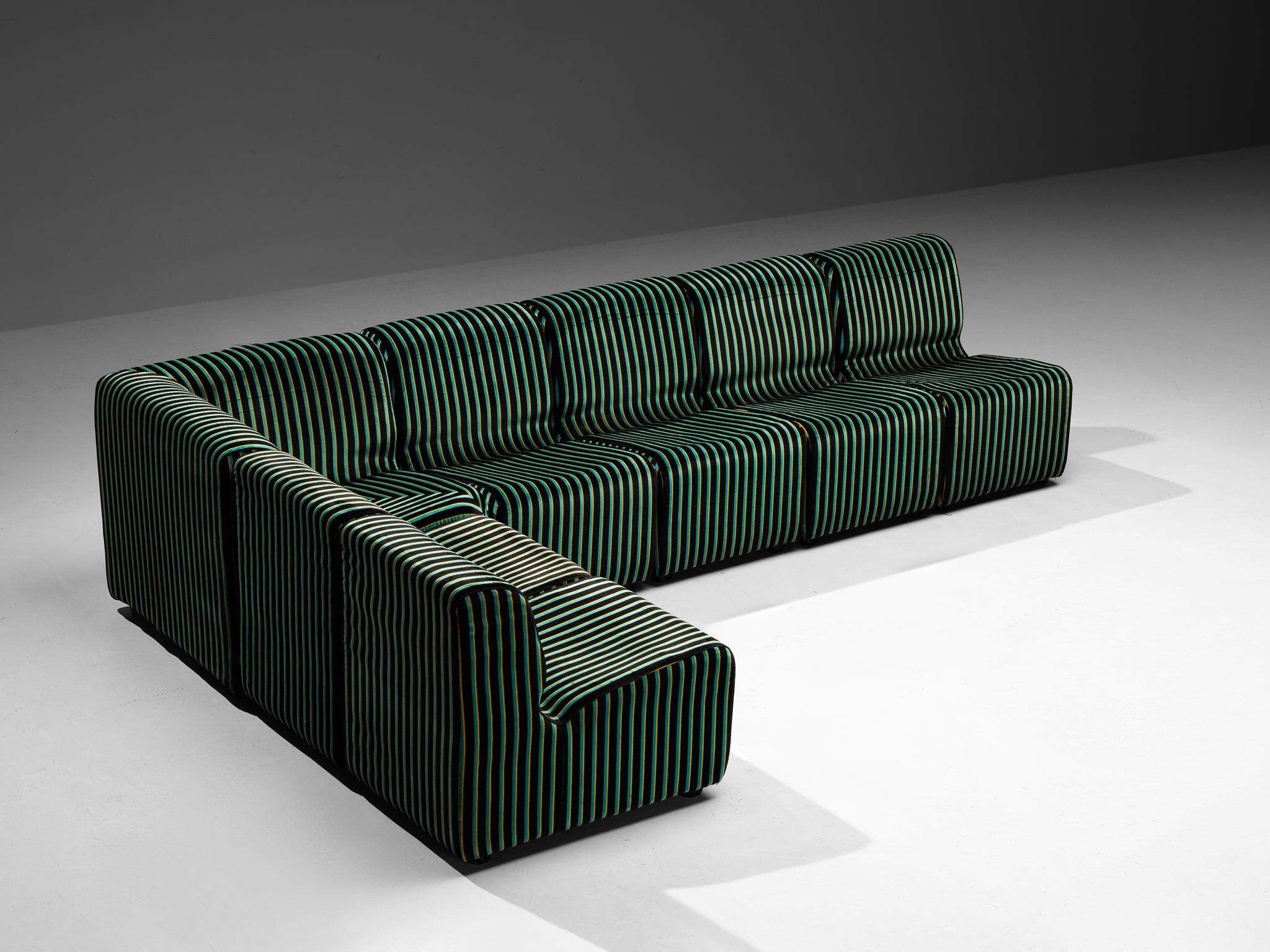 1980s Post-Modern Italian Sectional Sofa Green Yellow Black Striped Velvet Seating Morentz