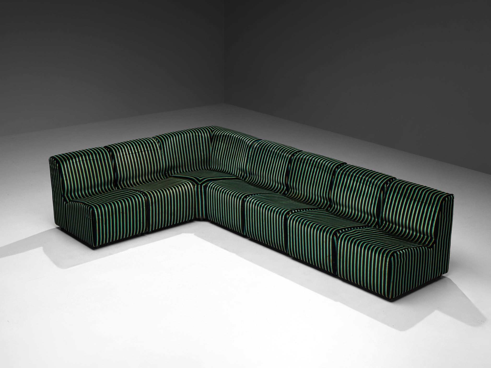 1980s Post-Modern Italian Sectional Sofa Green Yellow Black Striped Velvet Seating Morentz