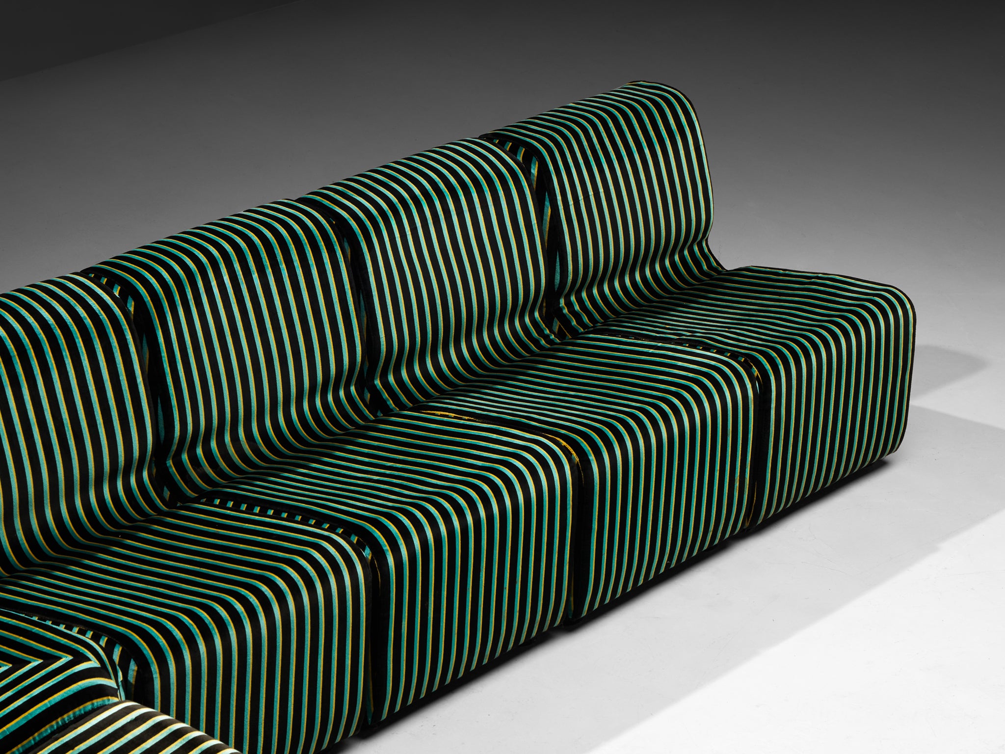 1980s Post-Modern Italian Sectional Sofa Green Yellow Black Striped Velvet Seating Morentz