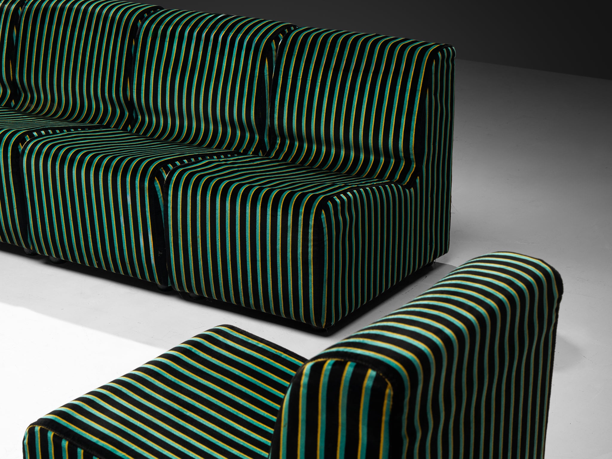1980s Post-Modern Italian Sectional Sofa Green Yellow Black Striped Velvet Seating Morentz