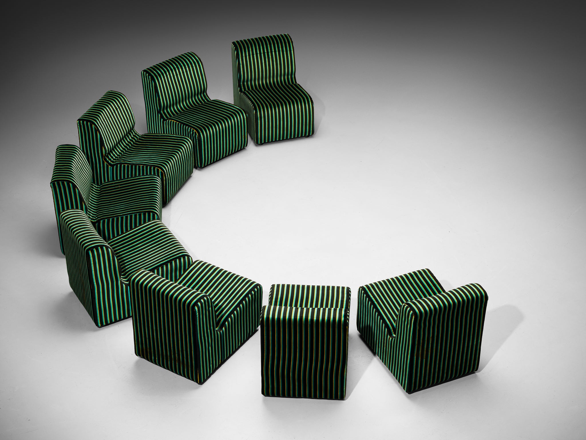 1980s Post-Modern Italian Sectional Sofa Green Yellow Black Striped Velvet Seating Morentz