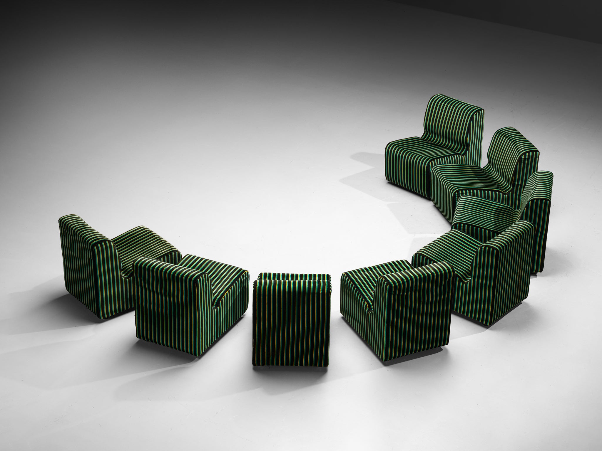 1980s Post-Modern Italian Sectional Sofa Green Yellow Black Striped Velvet Seating Morentz