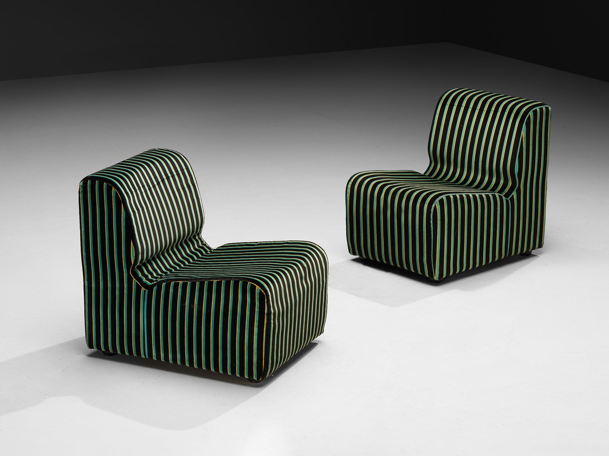 1980s Post-Modern Italian Sectional Sofa Green Yellow Black Striped Velvet Seating Morentz