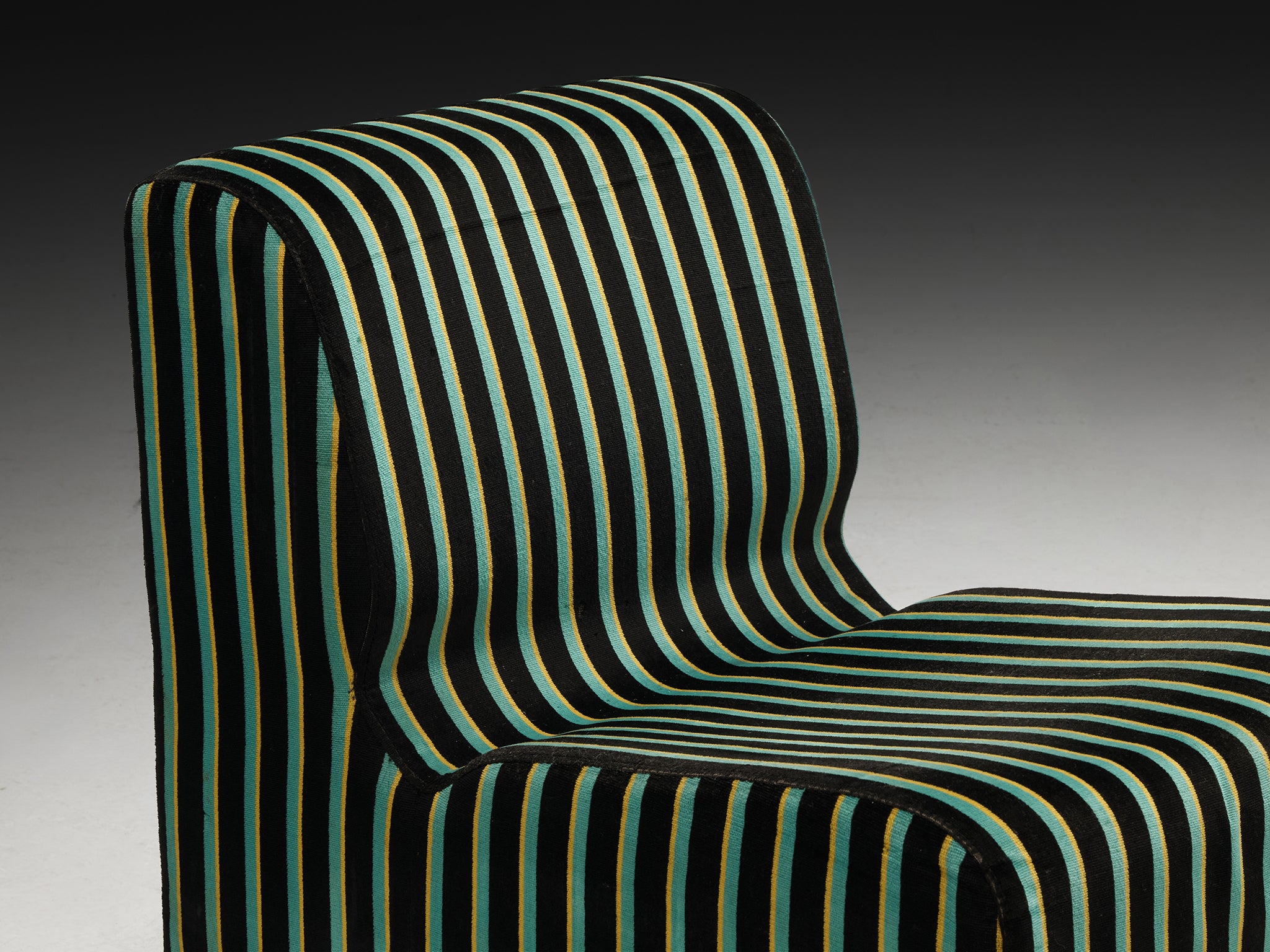 1980s Post-Modern Italian Sectional Sofa Green Yellow Black Striped Velvet Seating Morentz