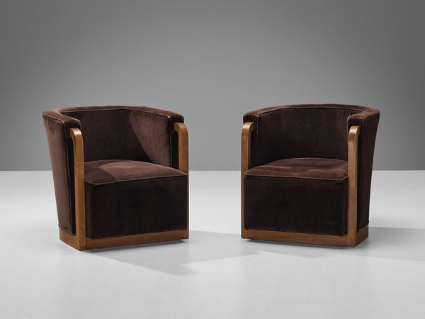 French Art Deco Pair of Lounge Chairs in Brown Velvet and Wood