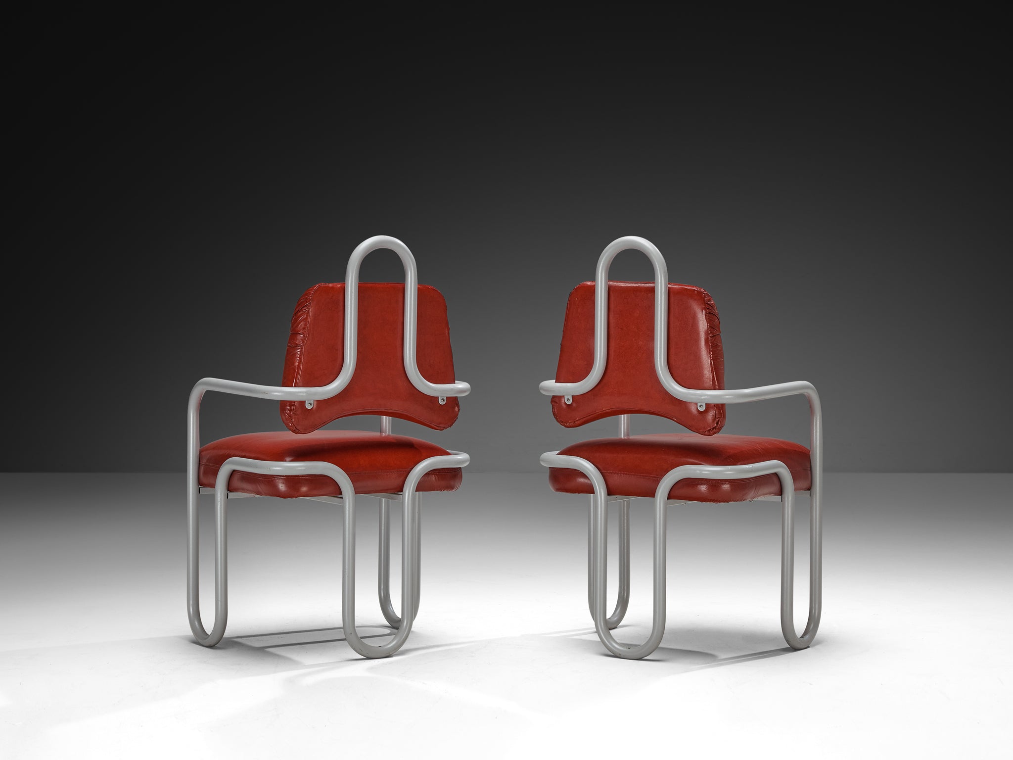 Kwok Hoi Chan for Steiner Pair of Dining Chairs in Red Leather Seating Morentz