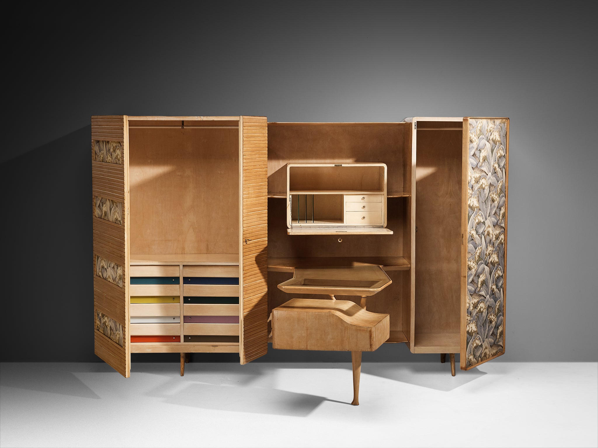 Unique Italian Large Wall Unit with Writing Desk in Maple and Birch Case pieces and storage cabinets Morentz