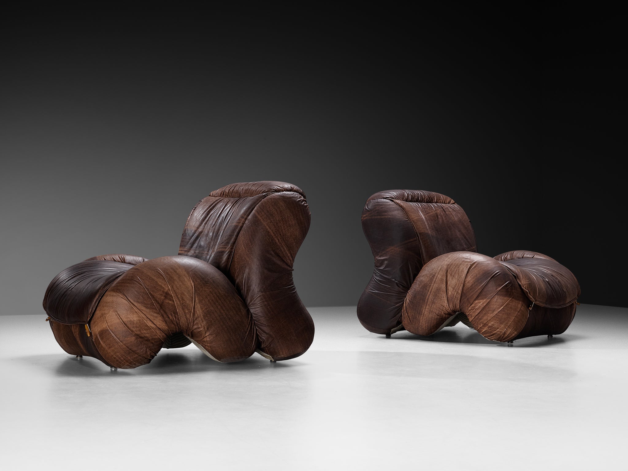 Luigi Radaelli Italian Pair of 'Tartana' Lounge Chairs in Brown Leather Seating Morentz