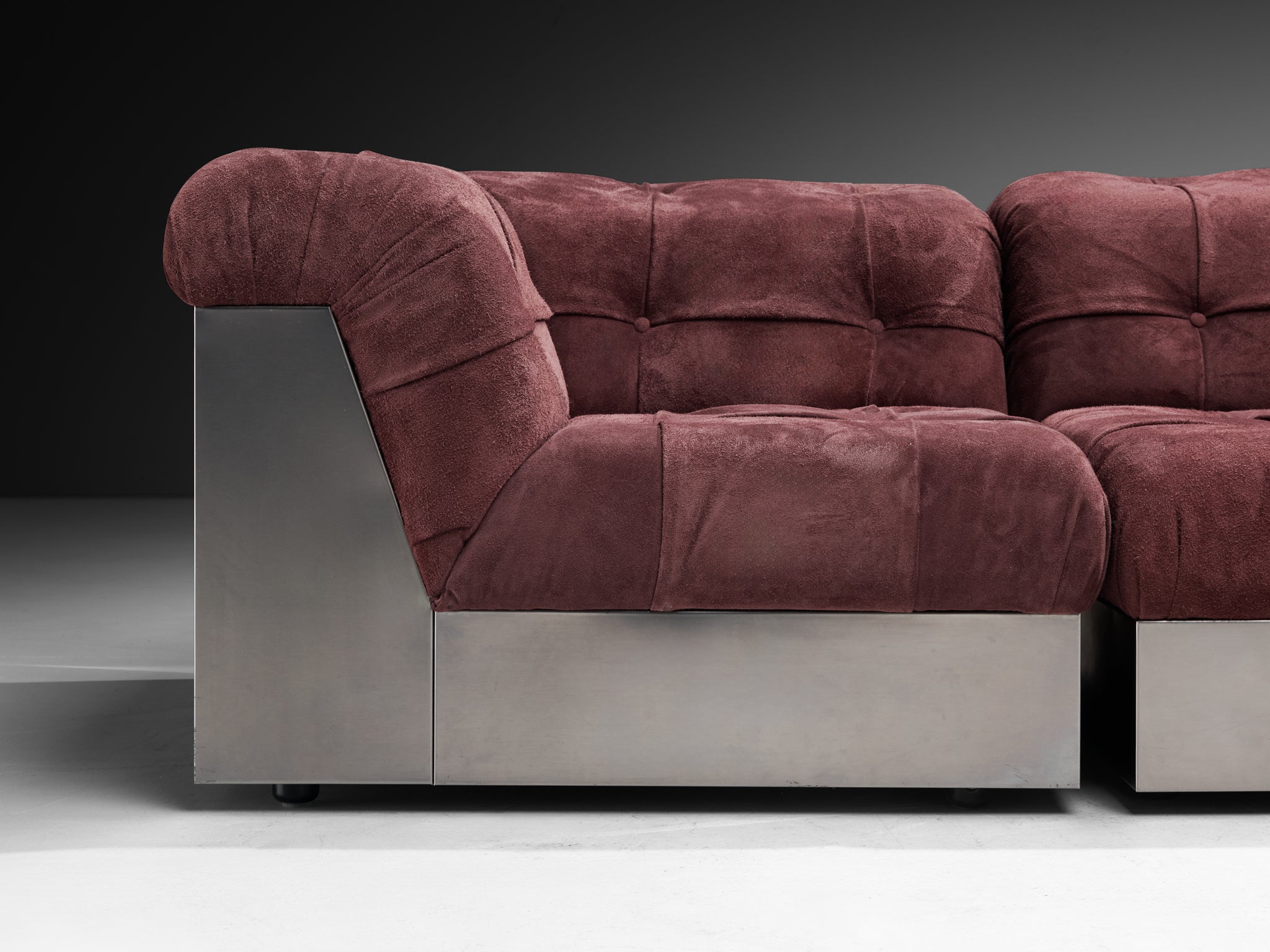 Giorgio Montani for Souplina Sectional Sofa in Stainless Steel and Plum Suede Seating Morentz