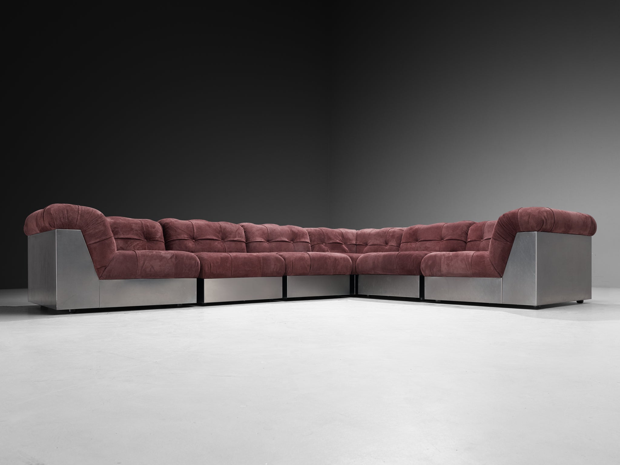 Giorgio Montani for Souplina Sectional Sofa in Stainless Steel and Plum Suede Seating Morentz