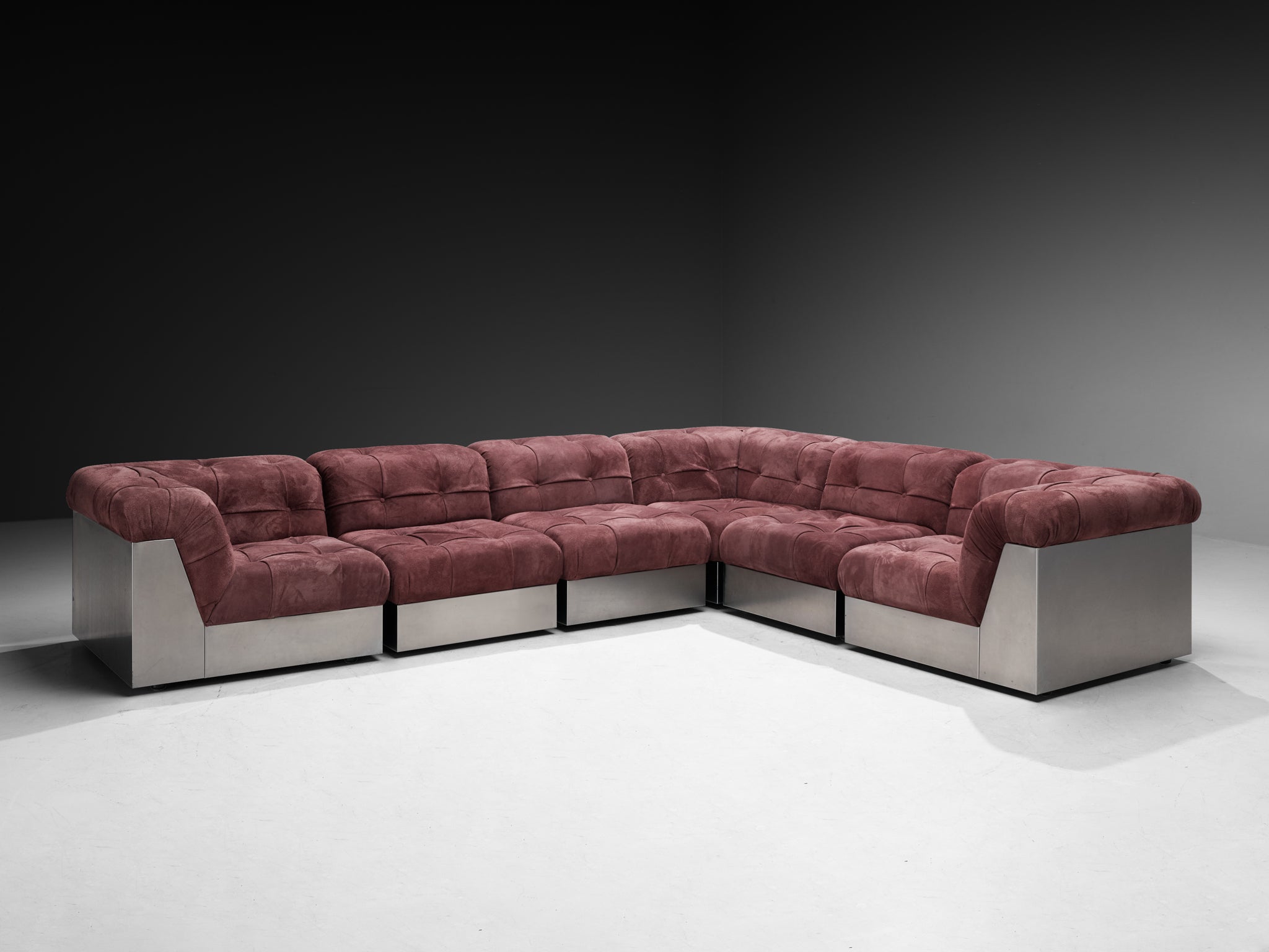 Giorgio Montani for Souplina Sectional Sofa in Stainless Steel and Plum Suede Seating Morentz