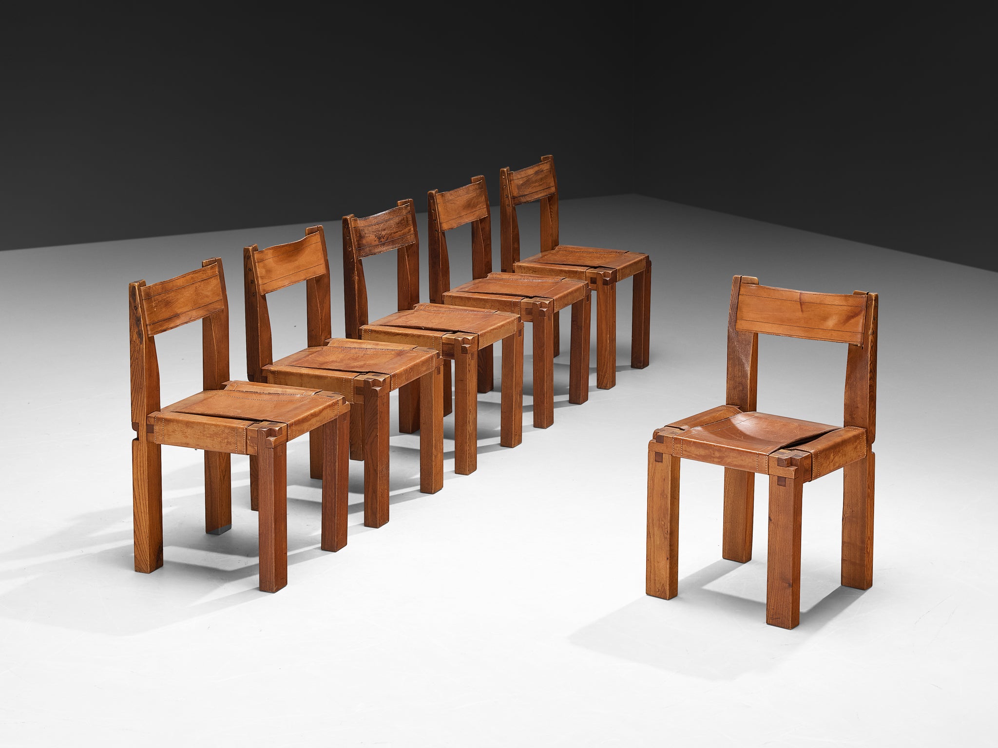 Early Pierre Chapo Set of Six 'S11' Dining Chairs in Elm and Cognac Leather Seating Morentz