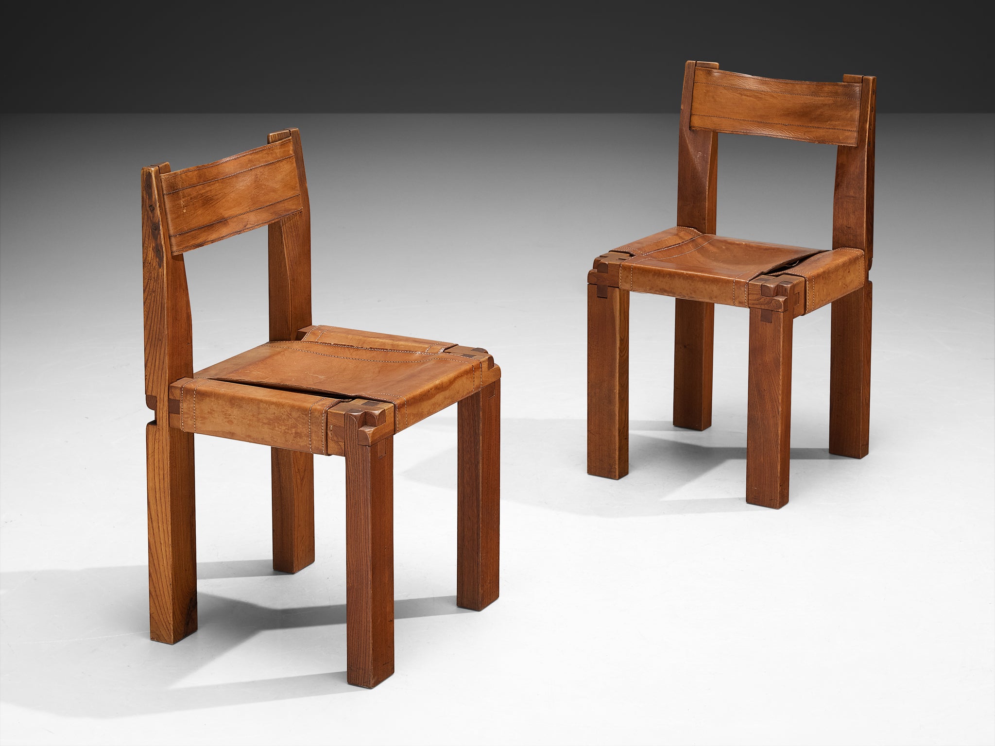 Early Pierre Chapo Set of Six 'S11' Dining Chairs in Elm and Cognac Leather Seating Morentz