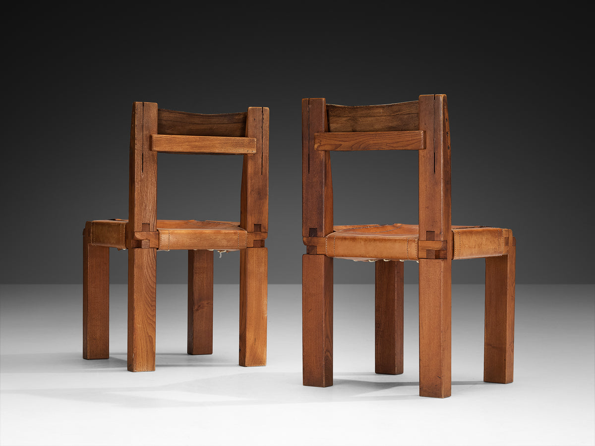 Early Pierre Chapo Set of Six 'S11' Dining Chairs in Elm and Cognac Leather Seating Morentz