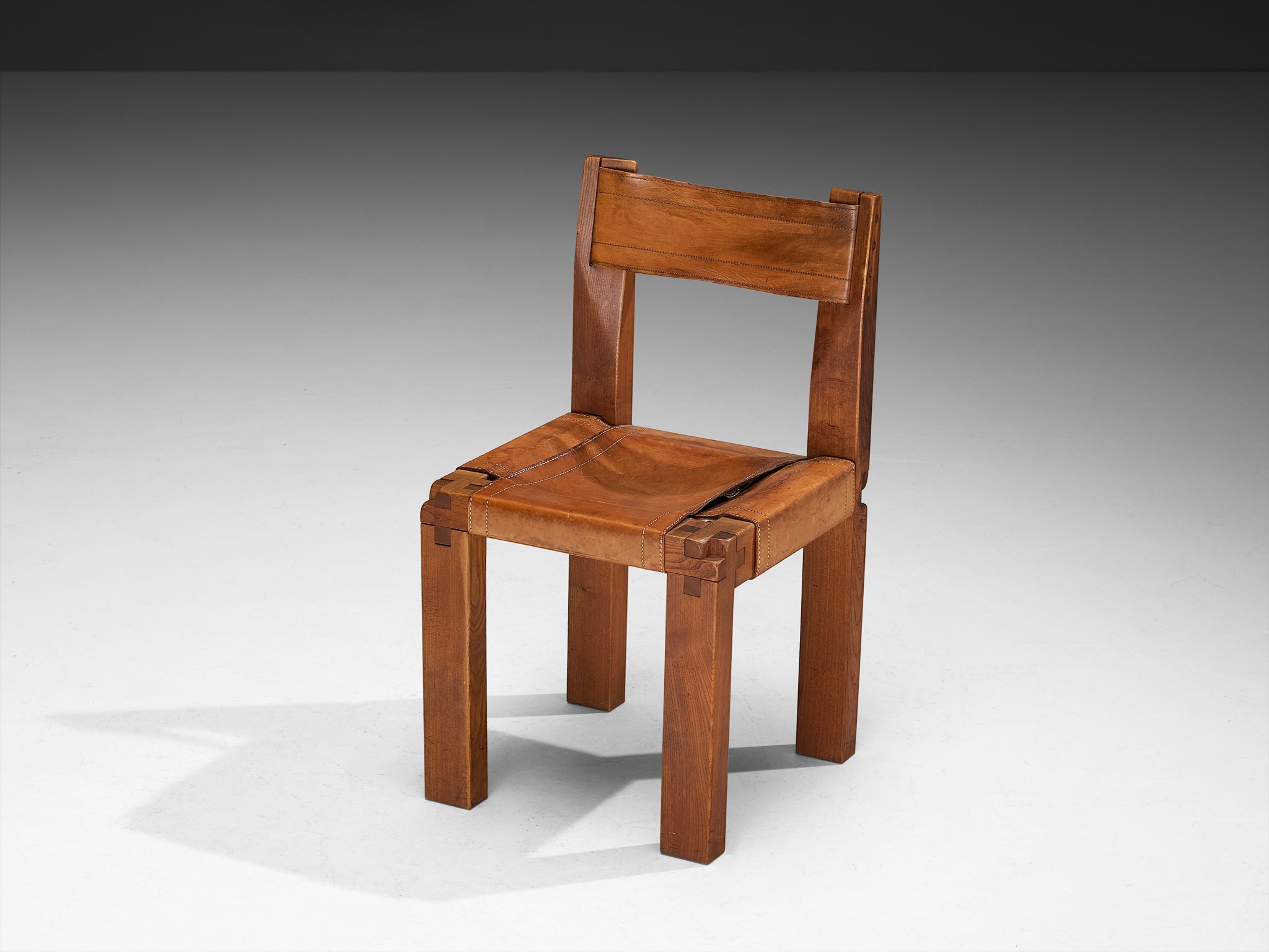 Early Pierre Chapo Set of Six 'S11' Dining Chairs in Elm and Cognac Leather Seating Morentz