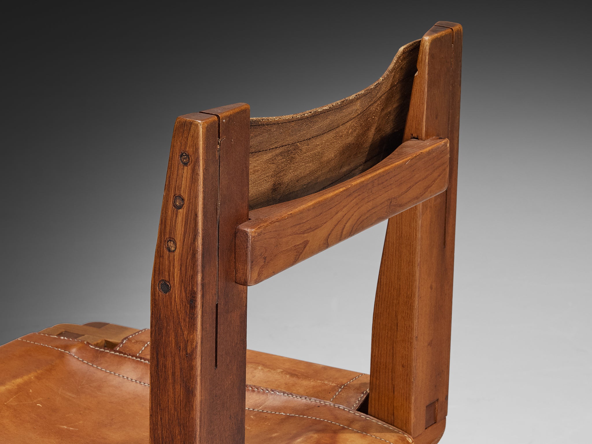 Early Pierre Chapo Set of Six 'S11' Dining Chairs in Elm and Cognac Leather Seating Morentz