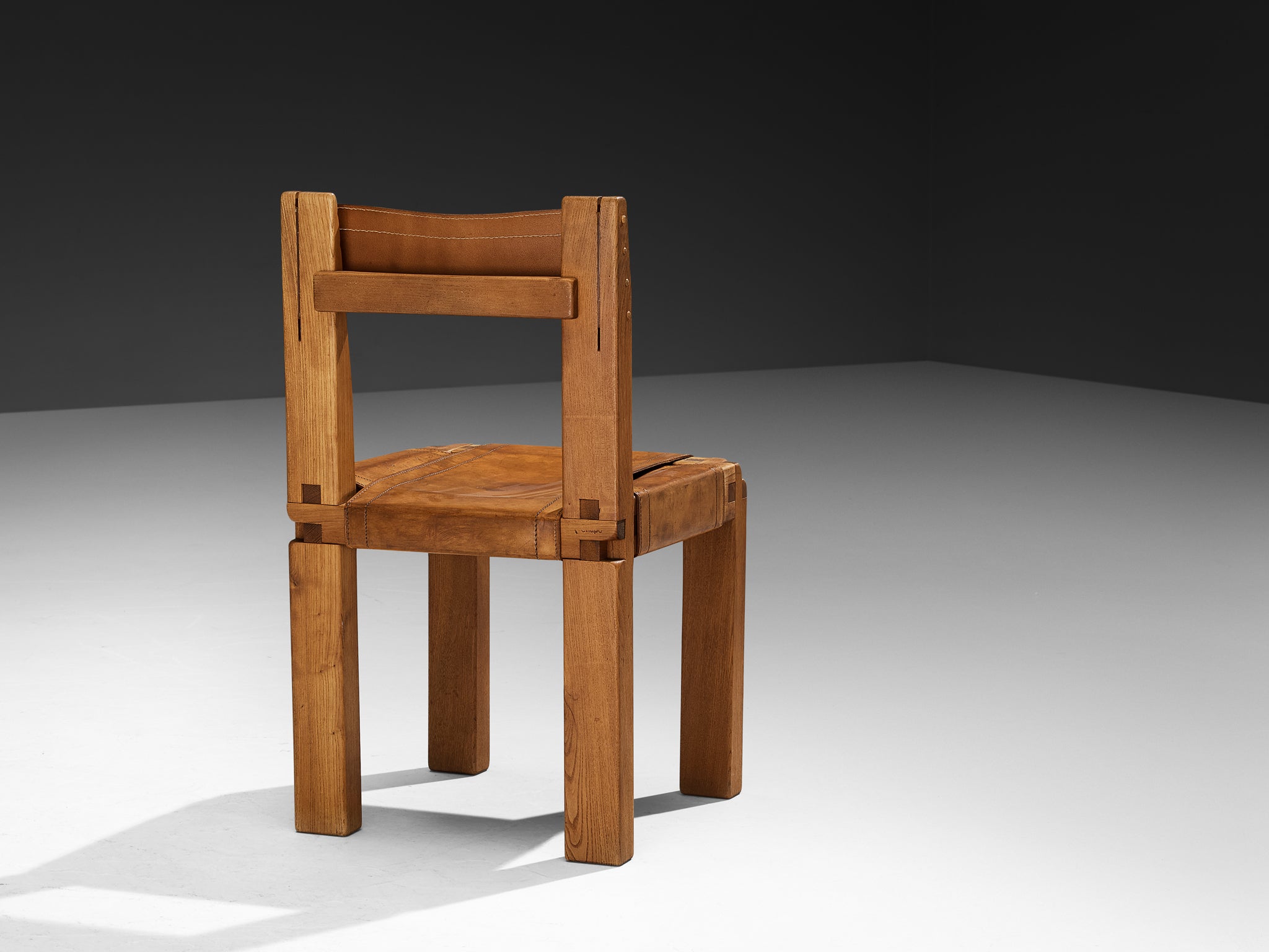 Early Pierre Chapo 'S11' Dining Chair in Elm and Cognac Leather