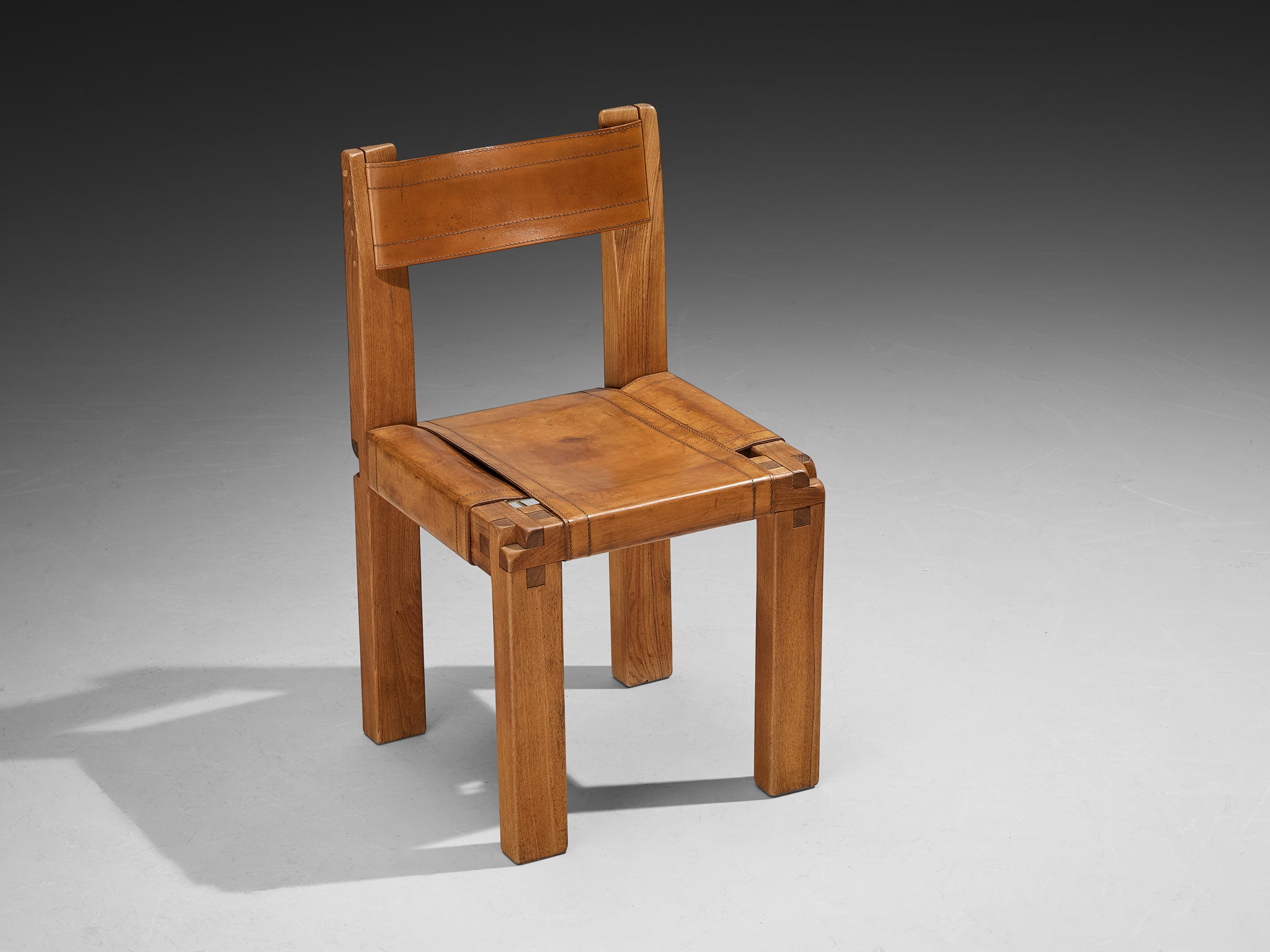 Early Pierre Chapo 'S11' Dining Chair in Elm and Cognac Leather Seating Morentz