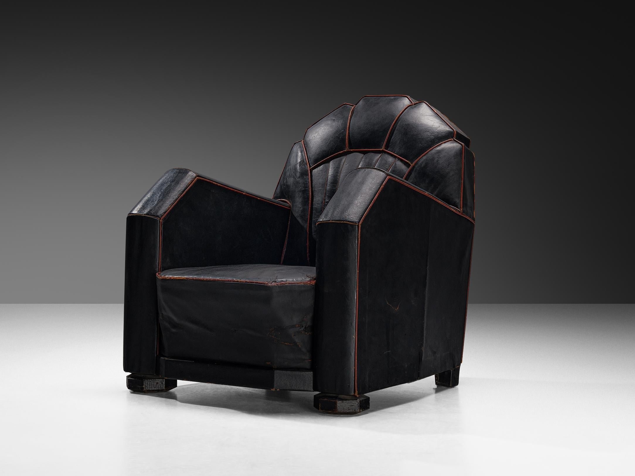 French Art Deco Club Chair in Black Leather - Main Image