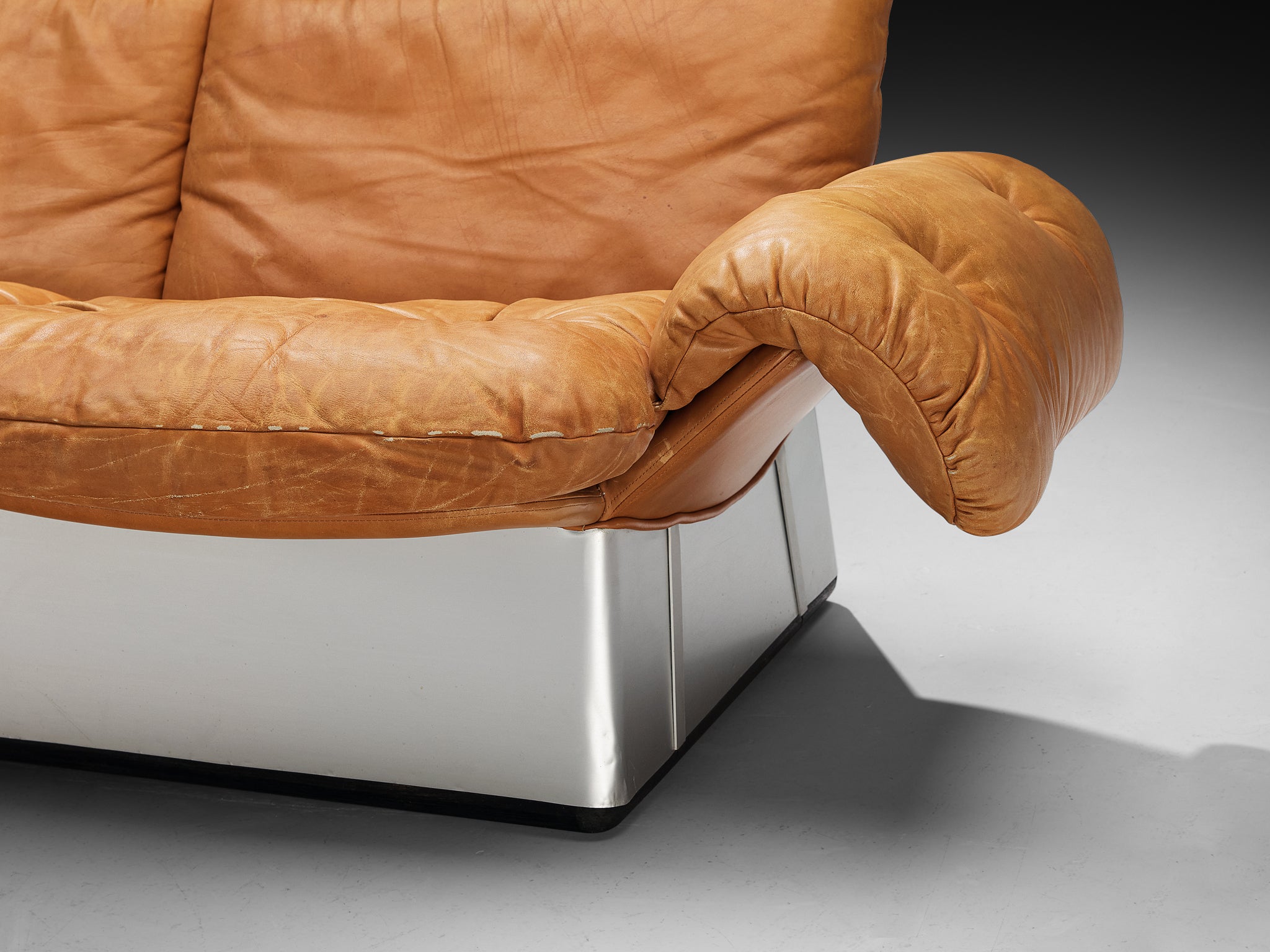 Italian Sofa in Cognac Leather and Aluminum