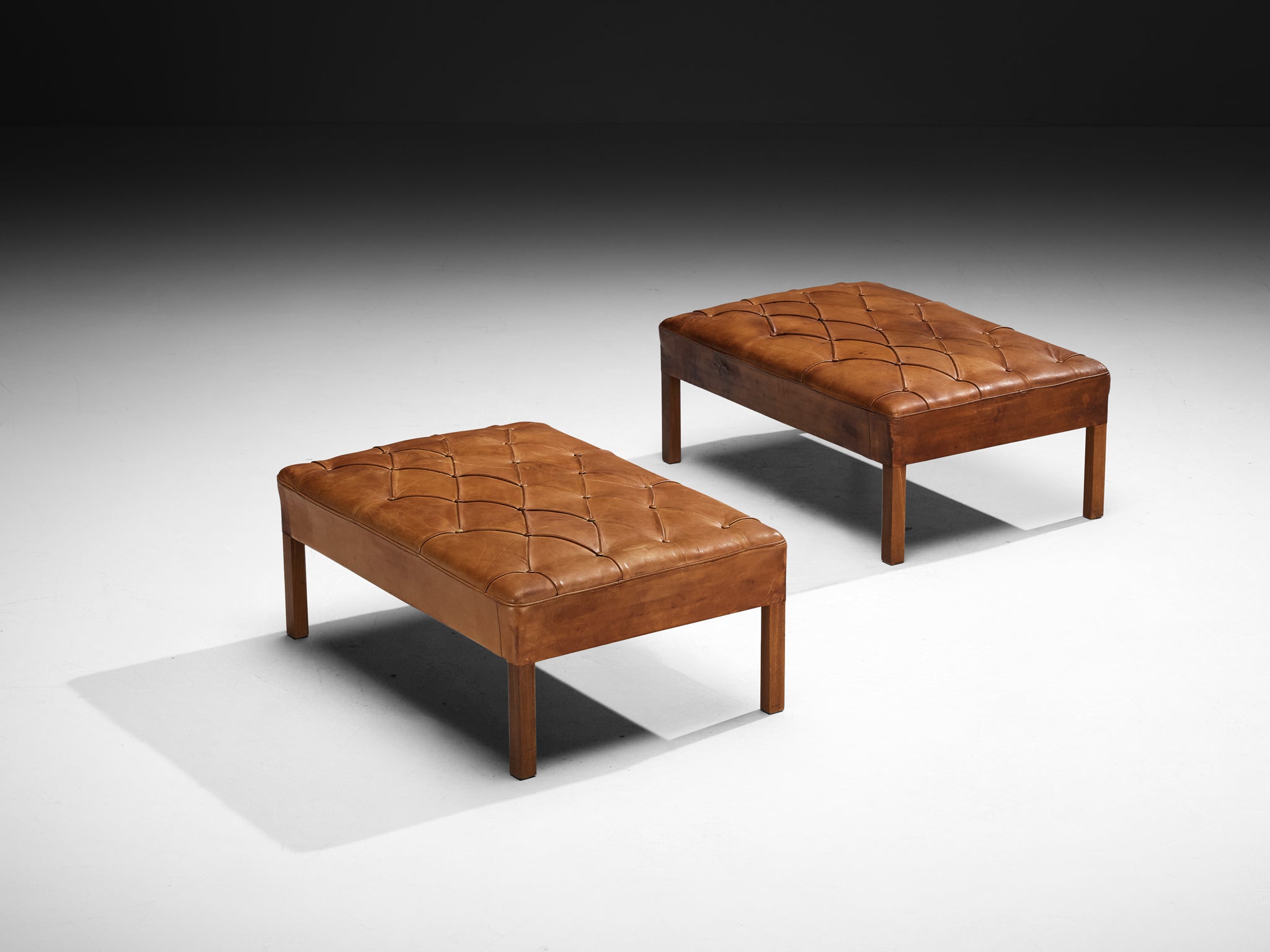 Kaare Klint for Rud Rasmussen Settees with Ottomans in Cognac Leather Mahogany Seating Morentz