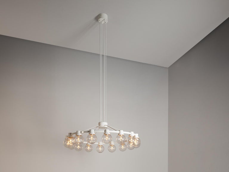 Large Chandelier in White Lacquered Metal with Hand Blown Glass Globes