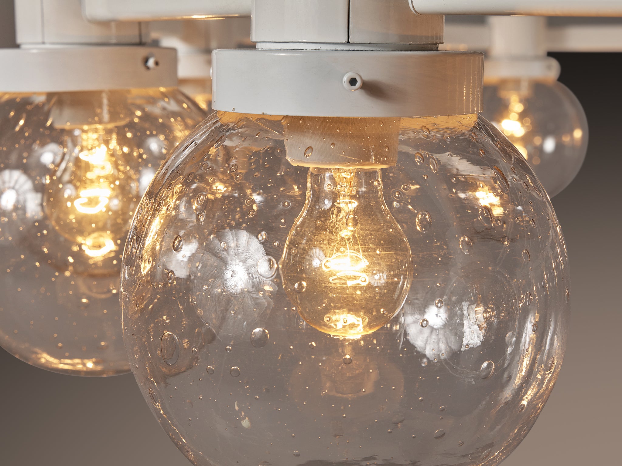 Large Chandelier in White Lacquered Metal with Hand Blown Glass Globes