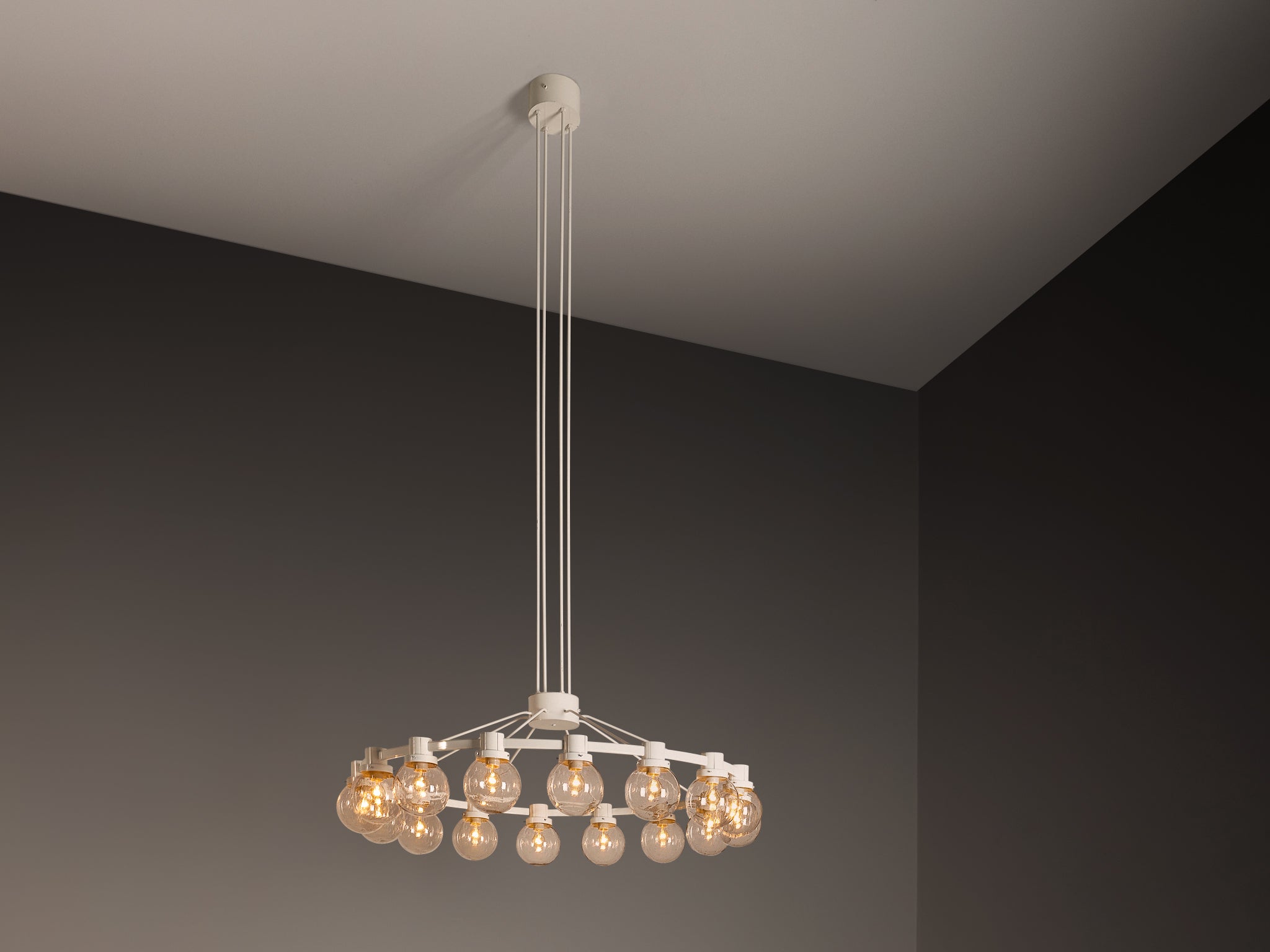 Large Chandelier in White Lacquered Metal with Hand Blown Glass Globes Lighting Morentz