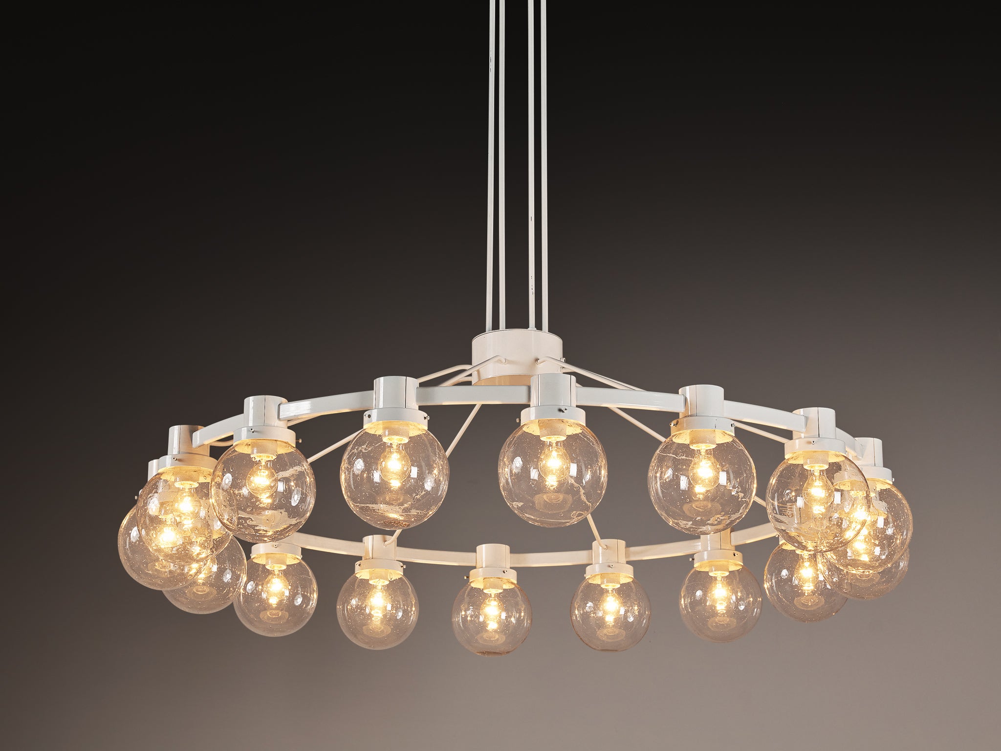 Large Chandelier in White Lacquered Metal with Hand Blown Glass Globes