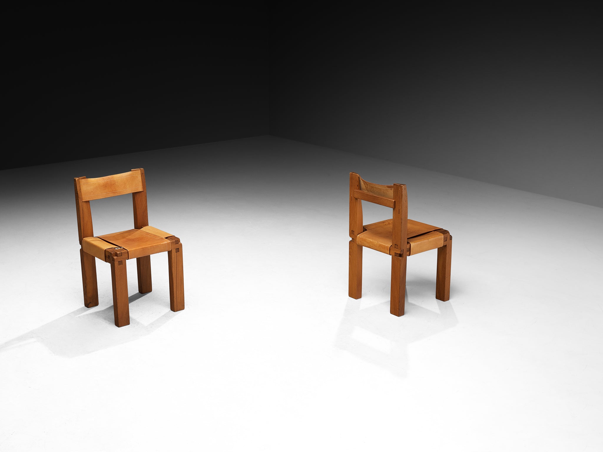 Early Pierre Chapo 'S11' Dining Chairs in Solid Elm and Cognac Leather Seating Morentz