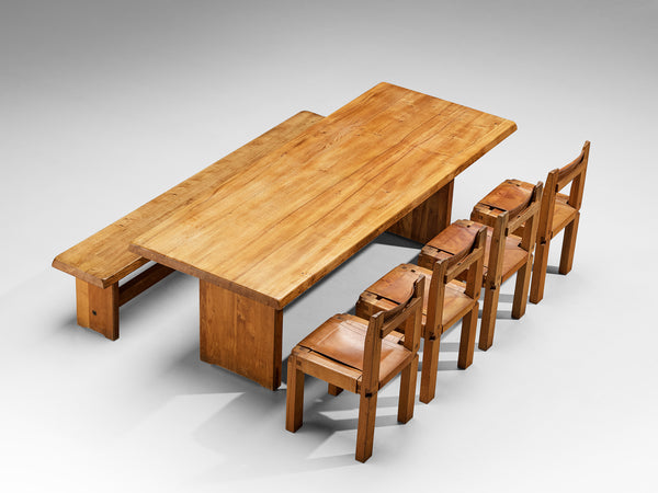 Early Pierre Chapo T14D Dining Table with S14D Bench and Four S11 Chairs