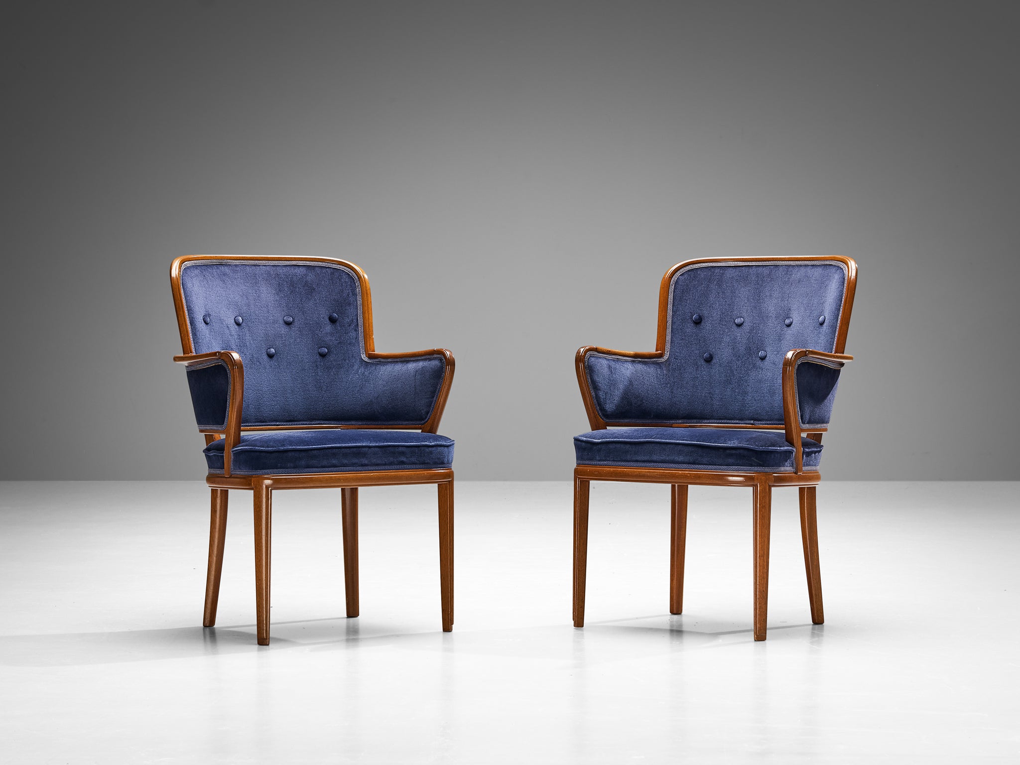 Carl Malmsten Set of Eight Armchairs in Mahogany and Blue Upholstery Seating Morentz