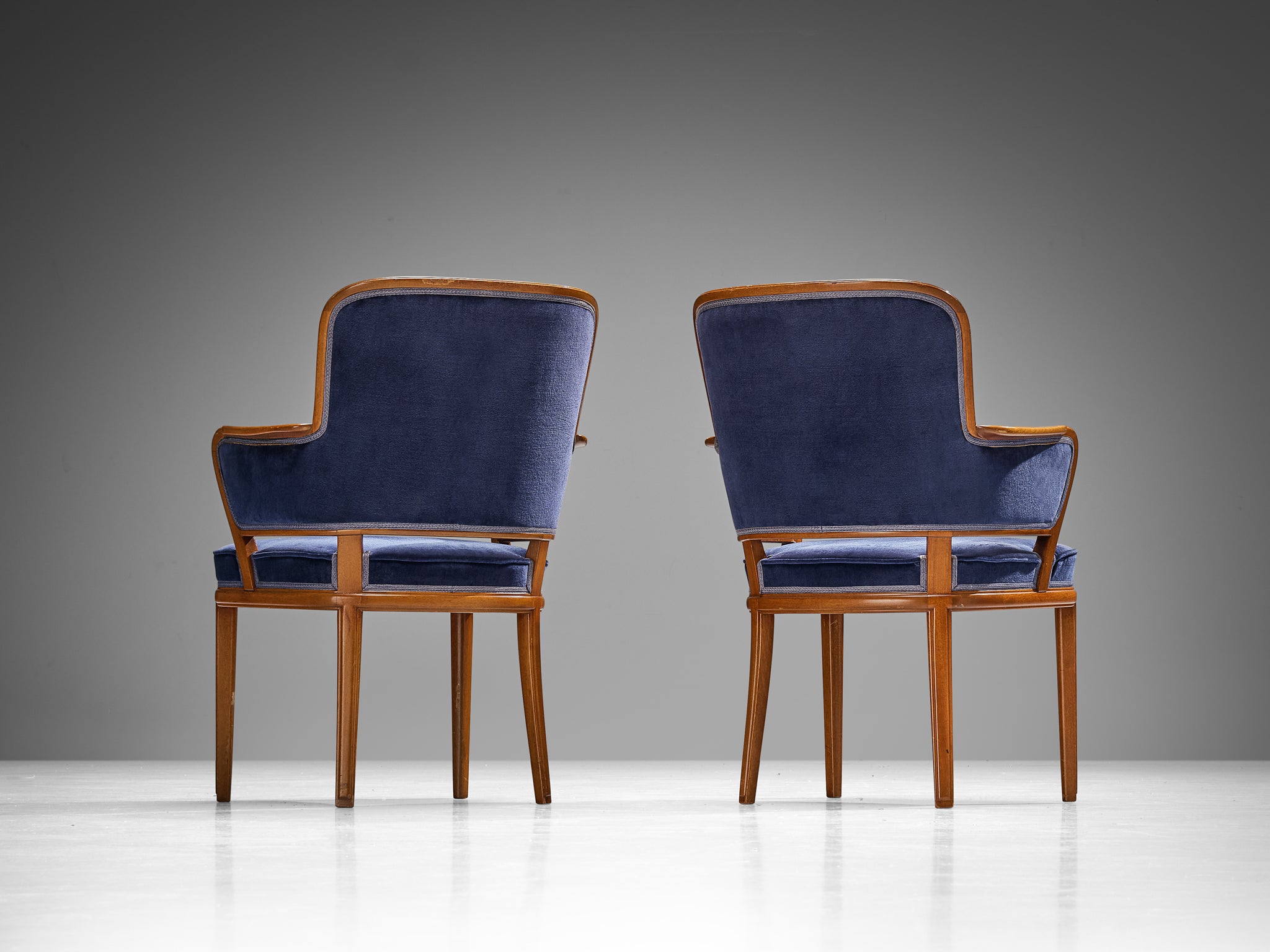 Carl Malmsten Set of Eight Armchairs in Mahogany and Blue Upholstery Seating Morentz