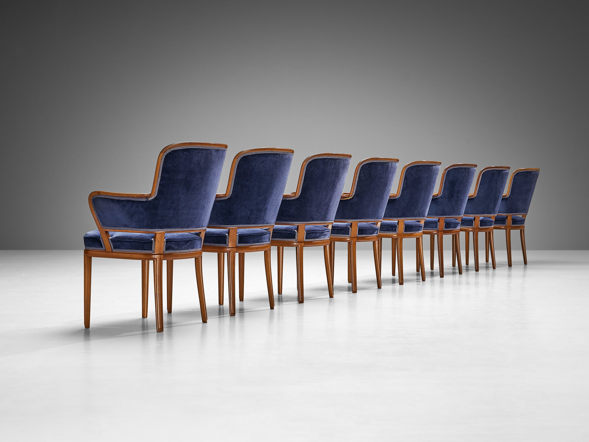 Carl Malmsten Set of Eight Armchairs in Mahogany and Blue Upholstery Seating Morentz