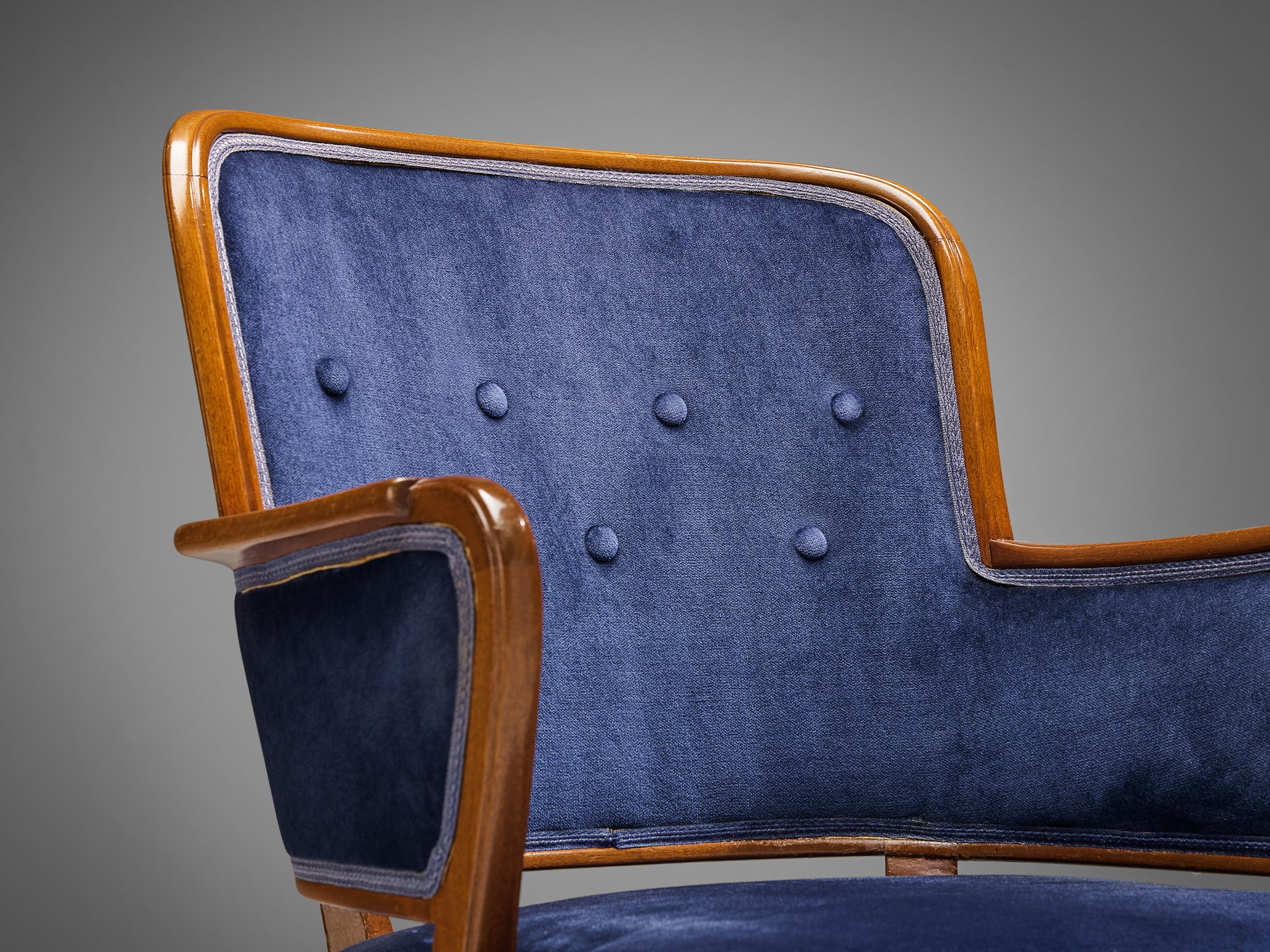 Carl Malmsten Set of Eight Armchairs in Mahogany and Blue Upholstery Seating Morentz